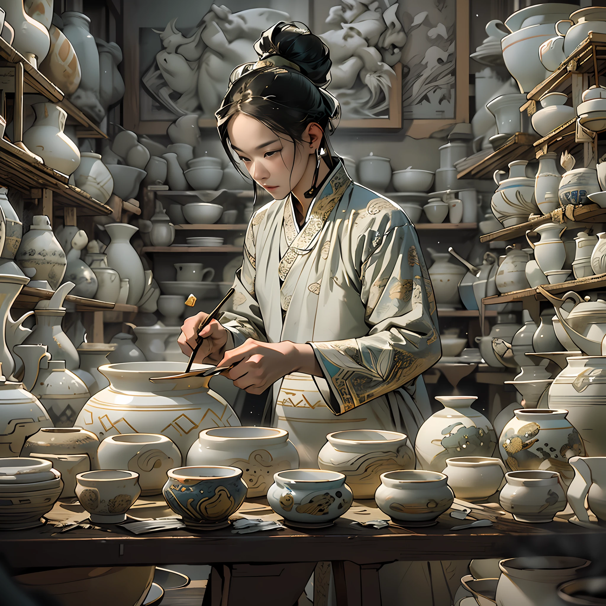 bustling artisan in the imperial porcelain workshop, carefully shaping clay into delicate ceramic vessels, attention to precision and symmetry, steady hand movements, focused and determined expression, traditional attire with a contemporary twist, monochromatic color scheme with a pop of vibrant color, dramatic lighting highlighting the details, Ming Dynasty style, by Shen Zhou