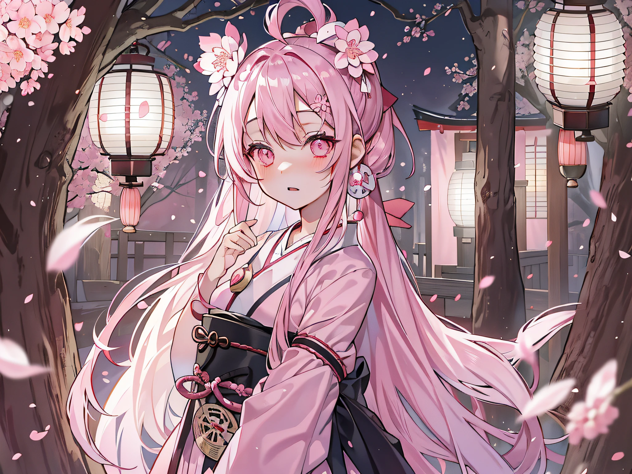 Pale pink eyes,Cherry blossom lantern hakama,Long-edged ponytail,A pink-haired,clogs,gentle expressions,Cherry blossom forest,the night,Pink bow headband,full bodyesbian,Japanese-style village,Lanterns,half-close eyes,bit girl