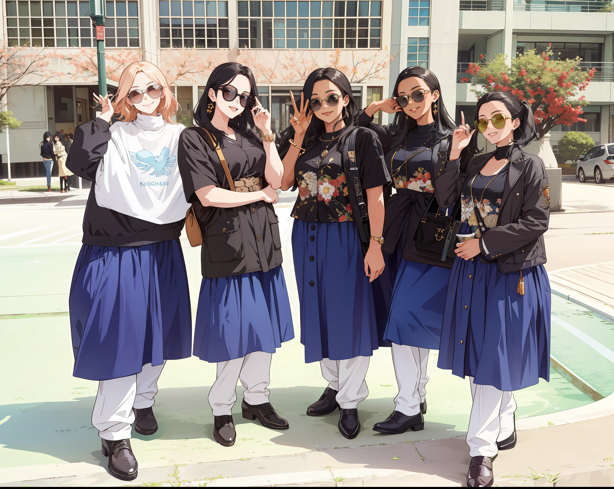 masterpiece, best quality, highres, 5 girls, wearing fancy sunglasses, classy outfits, detailed faces, detailed hair, black hair, stylish, modern, smiling, anime style, highly detailed, full body, sunny day