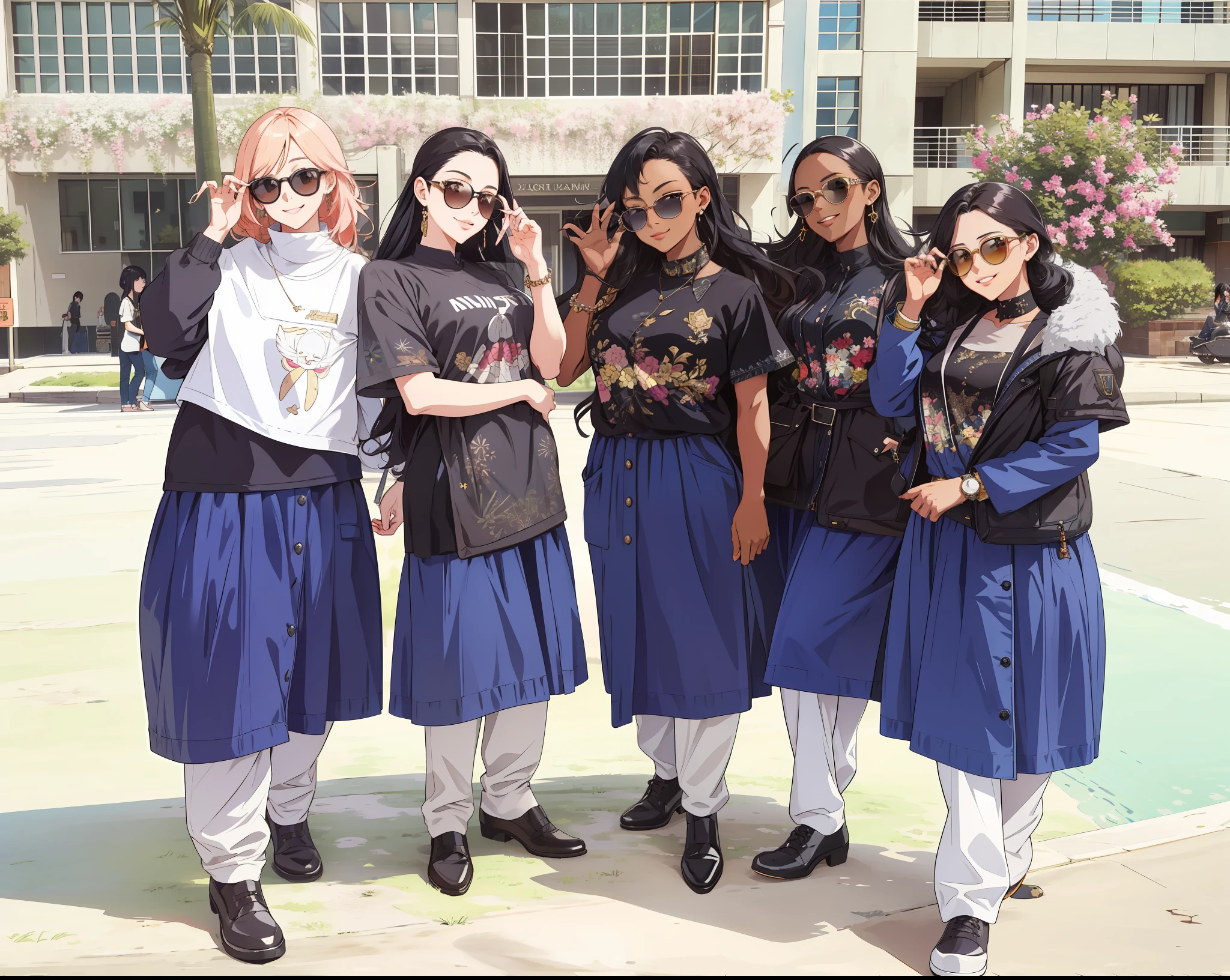 masterpiece, best quality, highres, 5 girls, wearing fancy sunglasses, classy outfits, detailed faces, detailed hair, black hair, stylish, modern, smiling, anime style, highly detailed, full body, sunny day