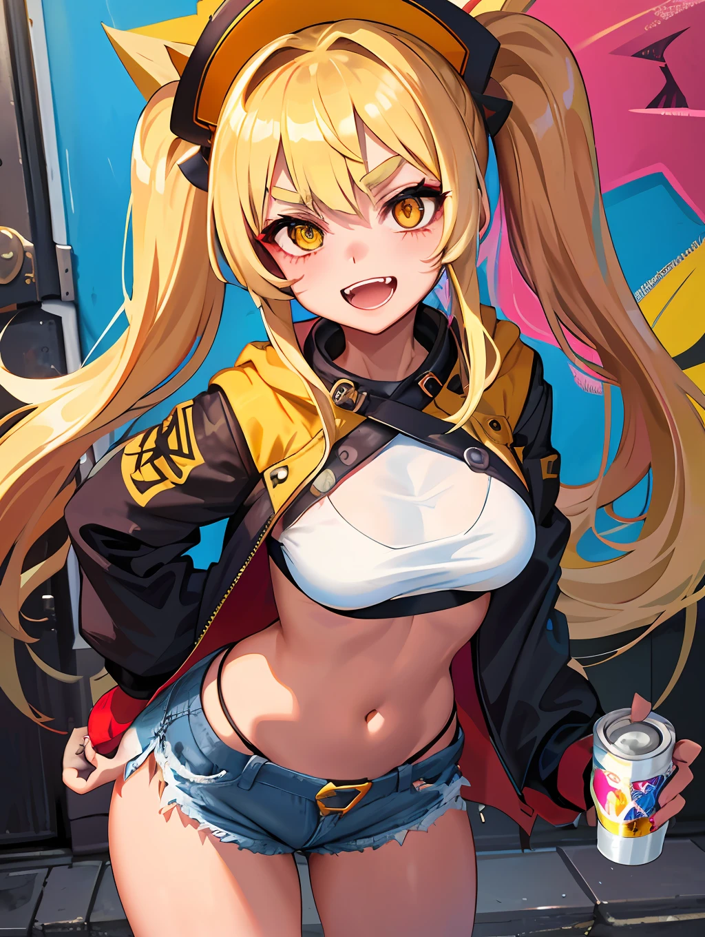 Original Character, Volumetric Lighting, Best Shadows, Shallow Depth of Field, Portrait Of Stunningly Beautiful Girl, Petite, Delicate Beautiful Attractive Face With Alluring Yellow Eyes, Messy Painted Face, Sharp Eyebrows, Broadly Smiling, Open Mouth, Fangs Out, Lovely Medium Breasts, Layered Long Twintail Blond Hair, Blush Eyeshadow, Thick Eyelashes, Applejack Hat, Oversized Pop Jacket, Mini Underboob Tee, Open Navel, Slim Waist, Denim Jeans Pants, With Buckle Belt, In The Graffiti Alley, Waste Container, Outside Stairs, Outdoor Unit, Holding Spray Paint Can, Standing, (Highest Quality, Amazing Details:1.25), (Solo:1.3), Brilliant Colorful Paintings
