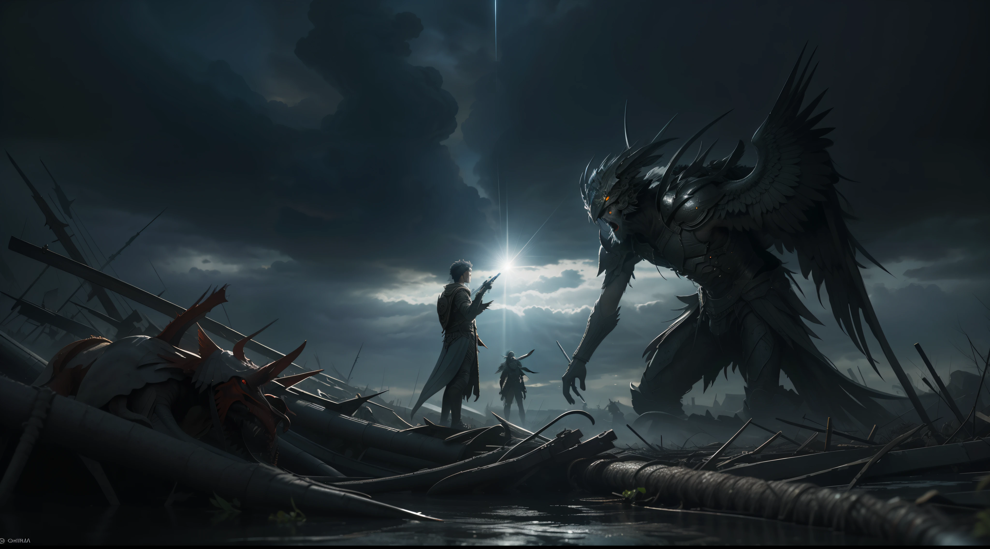 Imagine an epic battle scene where a Nephilim, A gigantic being of biblical proportions, is in confrontation with humans. O Nephilim, with skin of a pale gray, burning eyes and huge wings that stretch into the sky, domina a cena. Os humanos, though diminutive in comparison, are engaged in a fierce struggle, empunhando espadas e escudos. The setting is a desolate battlefield, with the stormy sky above and the earth below stained by the spilled blood. The lighting is dark and dramatic, com raios de luz quebrando as nuvens para destacar o Nephilim. The colors are intense and saturated, com vermelhos profundos, pretos e cinzas predominantes. The composition of the photo is done with a wide-angle lens to capture the scale of the battle, com o Nephilim no centro e os humanos lutando bravamente ao seu redor. A foto deve ser hiper-realista, Highly detailed and in high resolution 16k. --ar 16:9 --v 5.1 --style raw --q 2 --s 750
