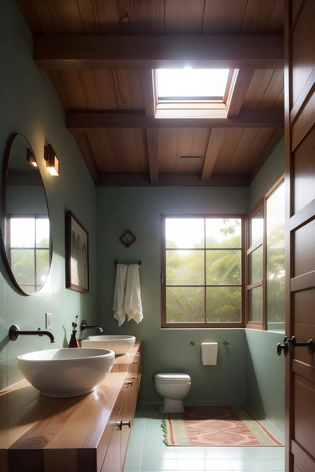 "Produce a realistic image of a bathroom with a decoration inspired by the Brazilian style. The walls are painted in a soft shade of green, evocando a natureza exuberante do Brasil. The atmosphere is simple, but elegant and welcoming.
No centro do banheiro, There is a rustic wooden countertop, que incorpora o charme natural da cultura brasileira. The countertop is complemented by a handmade ceramic sink, adding an artistic touch to the simplicity of the environment.
Highlight soft lighting, with natural light filtering through a generously sized window, bathing the area in a warm and inviting light. Detalhes cuidadosos devem ser incorporados, such as the textures of the wood of the countertop and the unique pattern of the sink ceramic.
Capture the feeling of comfort and authenticity of this Brazilian style bathroom, where the balance between nature and design is celebrated in an unpretentious way, mas encantadora."