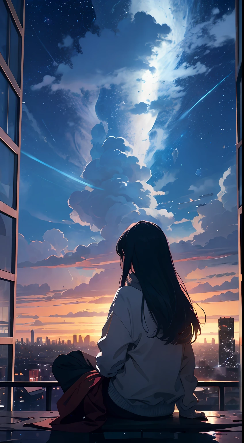 octans, sky, star (sky), scenery, starry sky, night, 1girl, night sky, solo, outdoors, building, cloud, milky way, sitting, tree, long hair, city, silhouette, cityscape, cinematic, ultrahd, quality