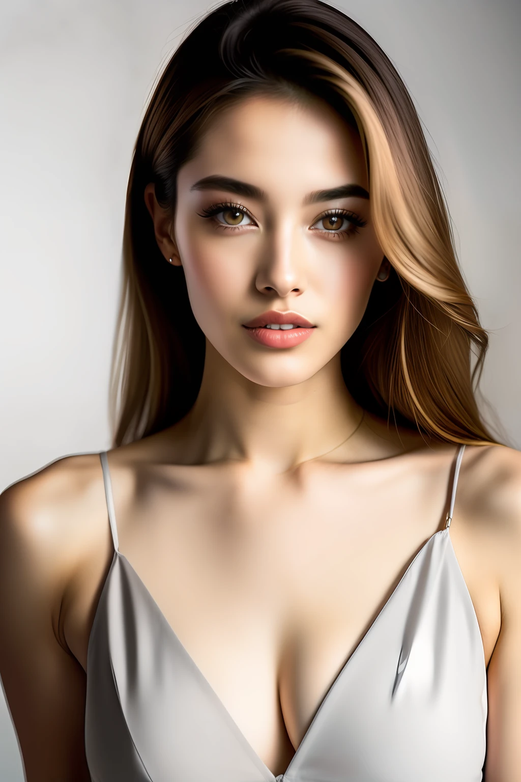 fashion modell, 25-years old, a closeup, The upper part of the body, perfect eyes, Perfect lips, perfect teeth, flawless skin, soft front light