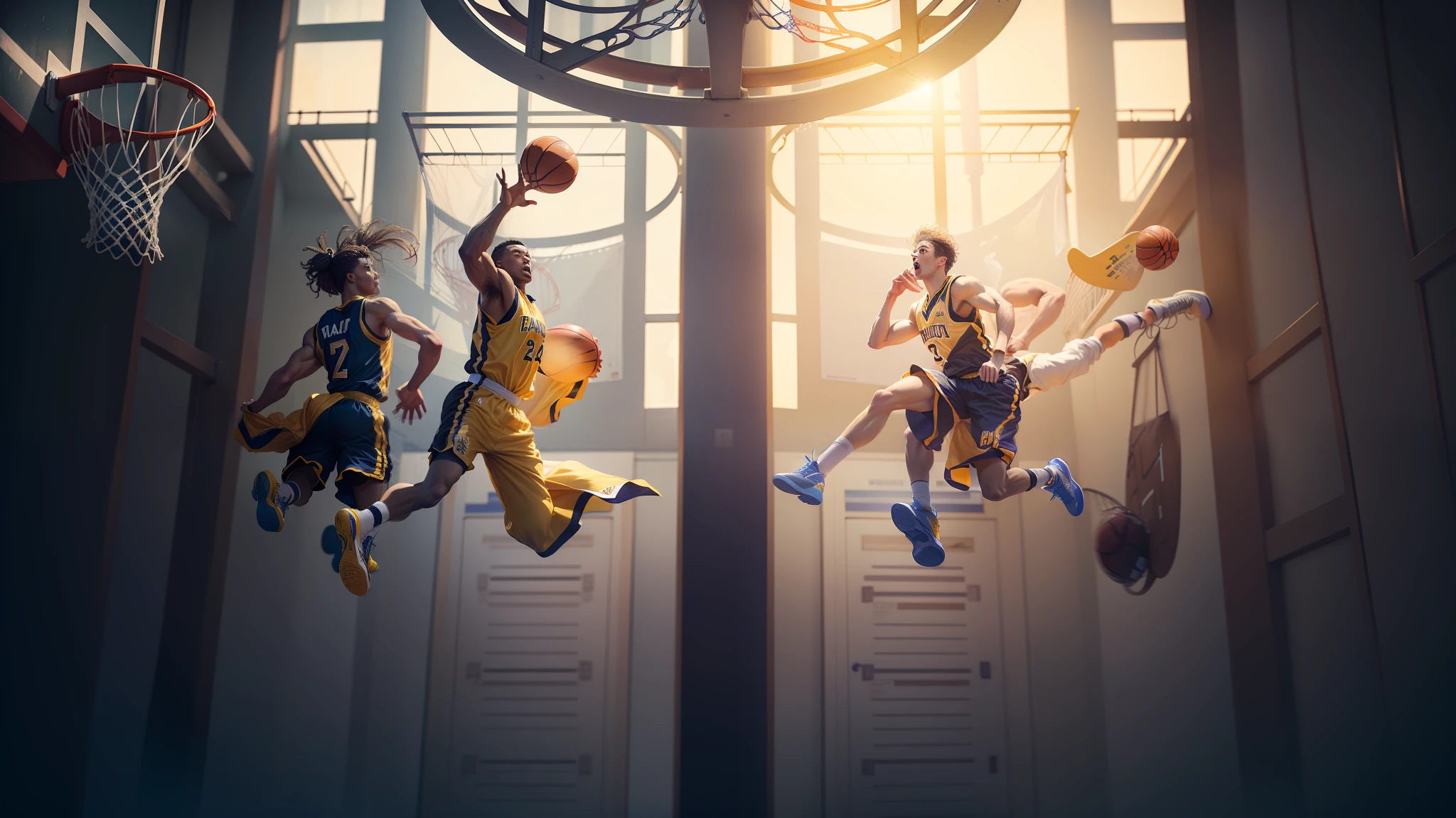basketball，Male players，Basketball game，Match websites，Basketball hall，Dunk，Solo，Present dynamic basketball game scenes。IvoryGoldAI