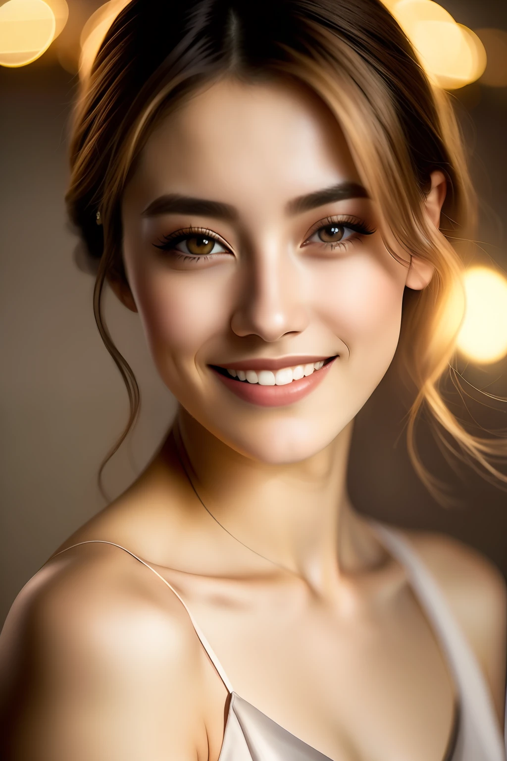 fashion modell, 25-years old, a closeup, frontage, The upper part of the body, Facing the front, perfect  eyes, Perfect lips, perfect teeth, flawless skin, Soft front light