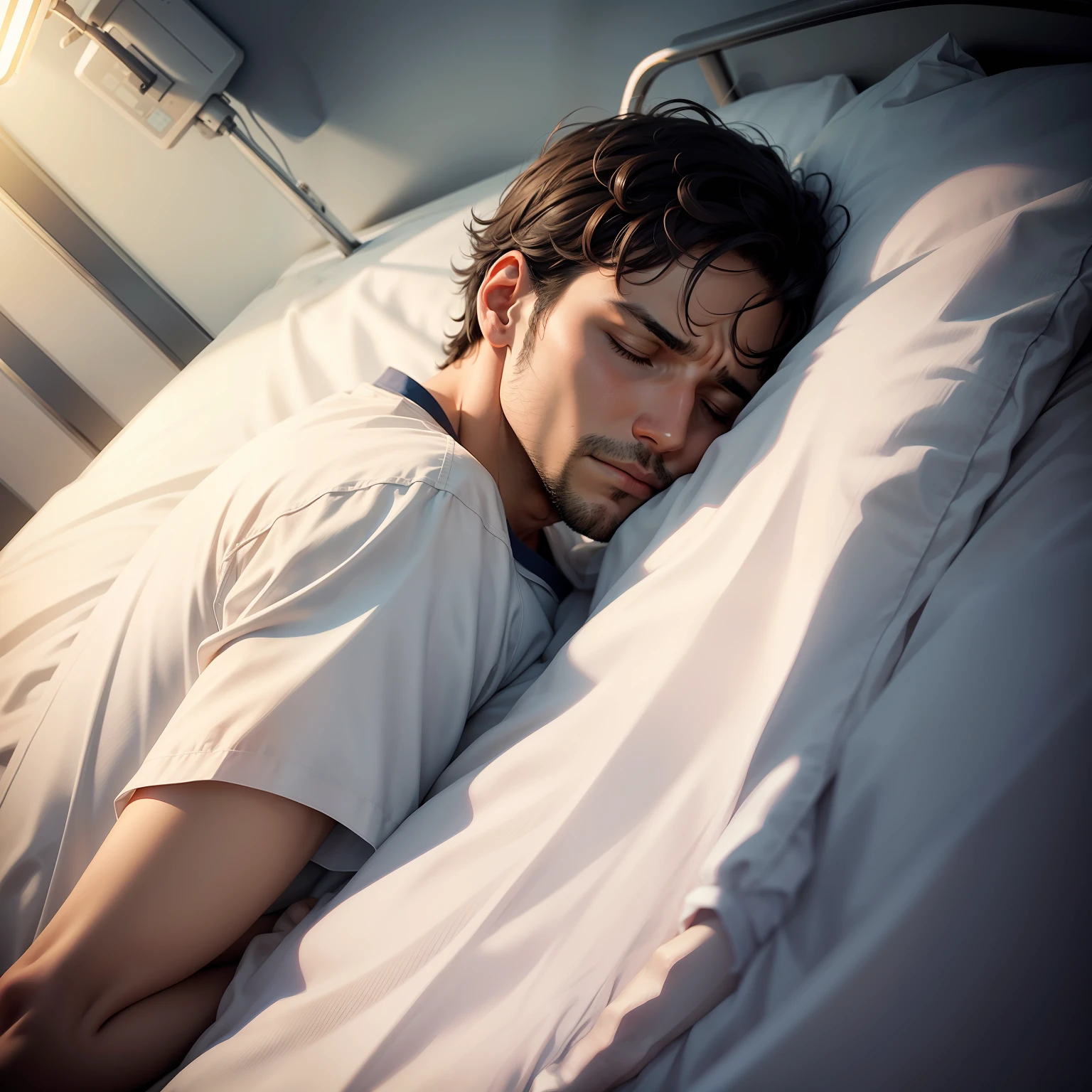 Man with closed eyes on hospital bed