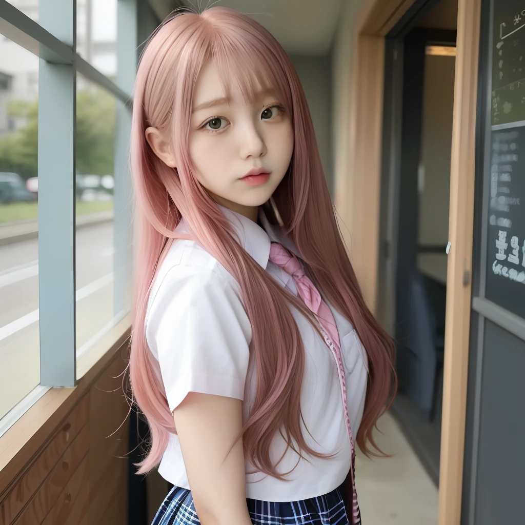 hi-school girl、Long pink hair