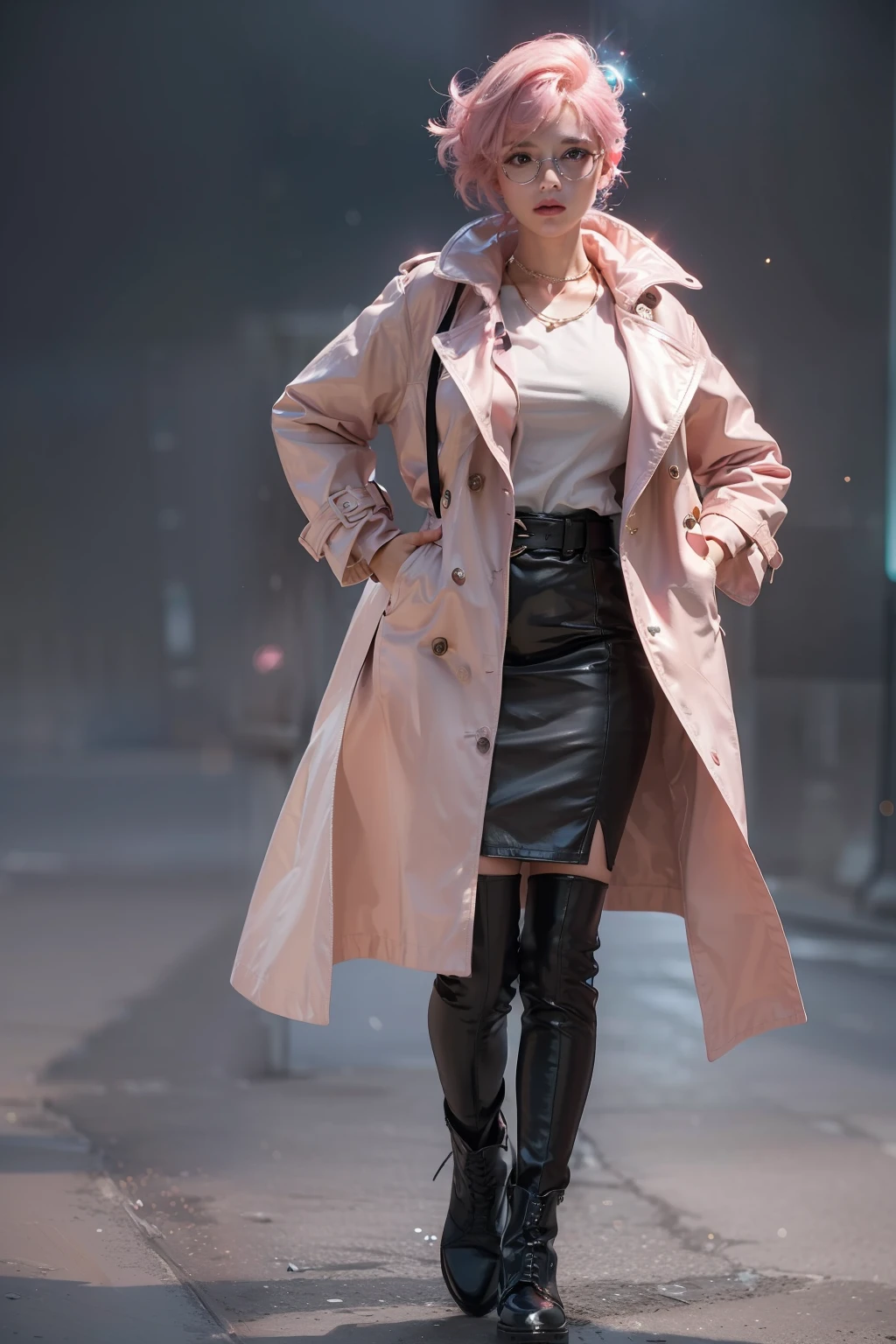 (
(Character: one french woman, detective, slim body, slim, pink hair. shaved side haircut)
(Clothing: pink trench coat, black shirt, glasses, boots)
(Pose: full body shot:1.7, dynamic pose)
(blurry, intense urban lights in background)
(Style: ((masterpiece:1.5)), (face detailed), photo-realistic:1.3, hyperrealistic, foggy, high contrast, shiny skin, soft lighting, backlighting, bloom, light sparkles, chromatic aberration)