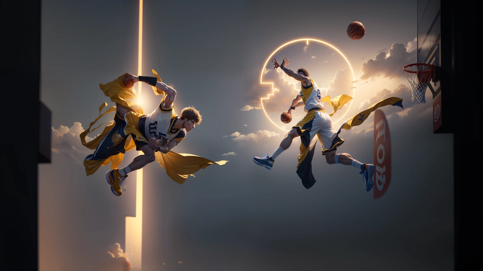 basketball,Male players,Basketball game,Match websites,Basketball hall,Dunk,Solo,Present dynamic basketball game scenes。IvoryGoldAI