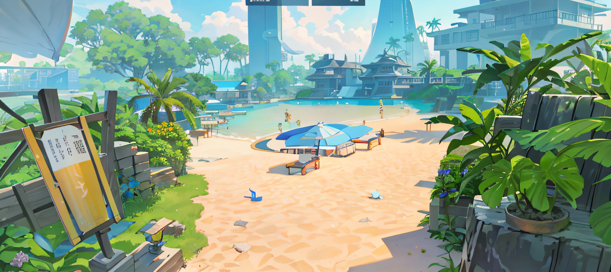 （（best qualtiy））， （（tmasterpiece））， （The is very detailed：1.3），sea island，and the sun was shining brightly，blue-sky，baiyun，Sunset in the distance，Tropical plants，Sci-fi architecture，