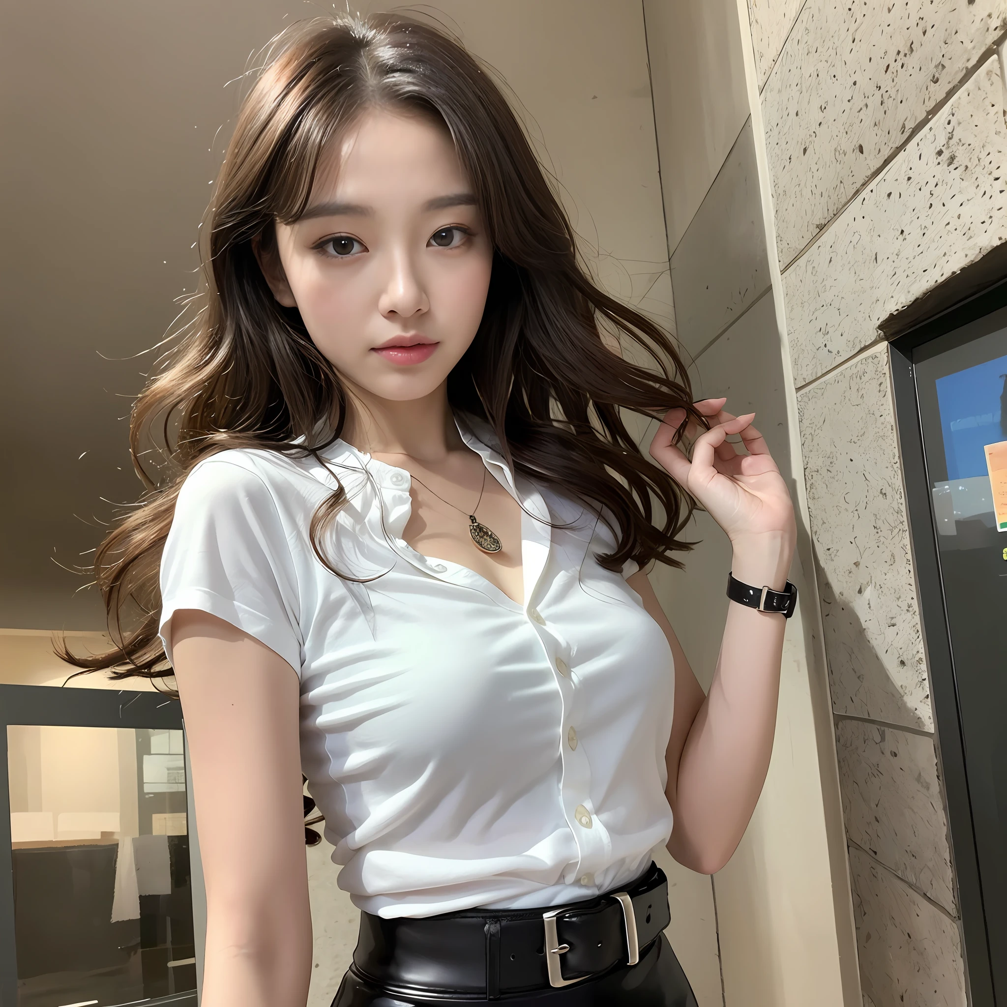 (top-quality、hight resolution、masterpiece:1.3)、Tall and cute woman、Slender abs、Dark brown hair styled in loose waves、breastsout、Wearing a pendant、White button-up shirt、a belt、Black leather tight skirt、(Modern architecture in background)、Details exquisitely rendered in the face and skin texture、A detailed eye、二重まぶた