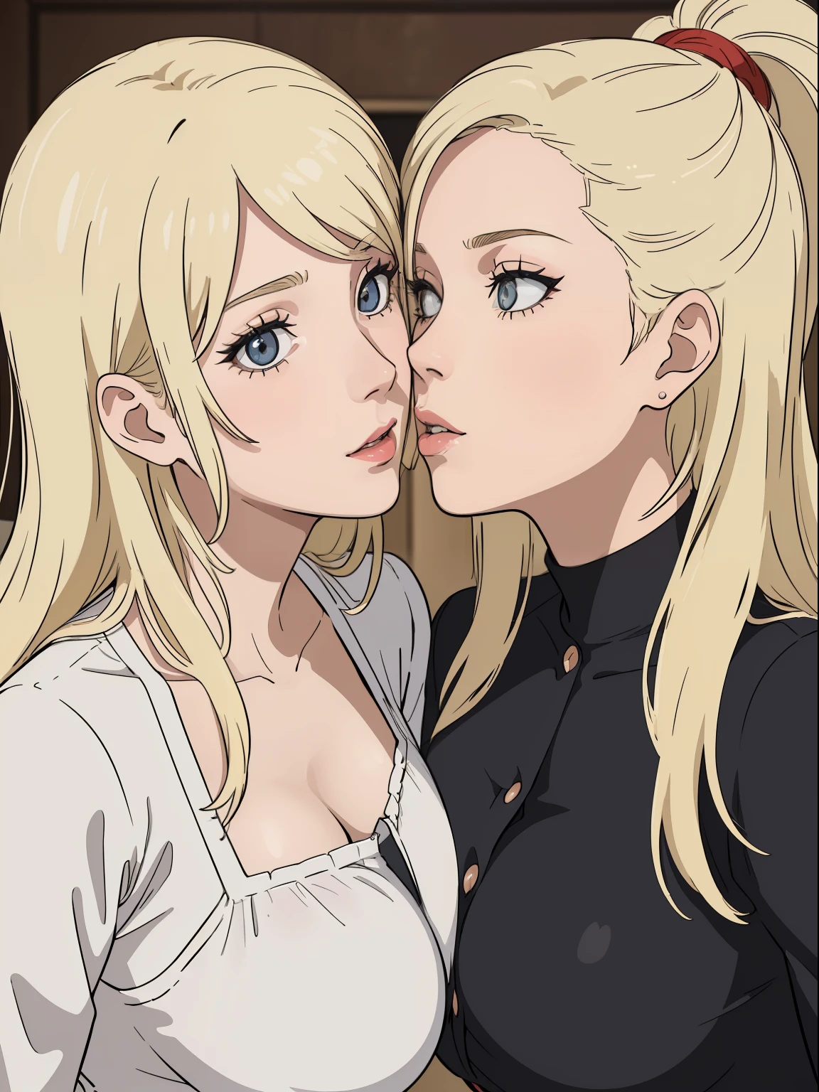 (best quality:1.2), 2milf, 2girl, (natural makeup, big tits, seductive, motherhood, looking at the audience, sexy, (mature woman, milf: 1.1), solo, (curve: 1.1), milf, blonde hair, close up, ultra detail, hdr, shot from above, detail face, detail bedroom, upper body, very detailed face, closeup face, down blouse, on party, party dress, ino yamanaka, two girls, kiss, blonde hair, face-to-face, close up