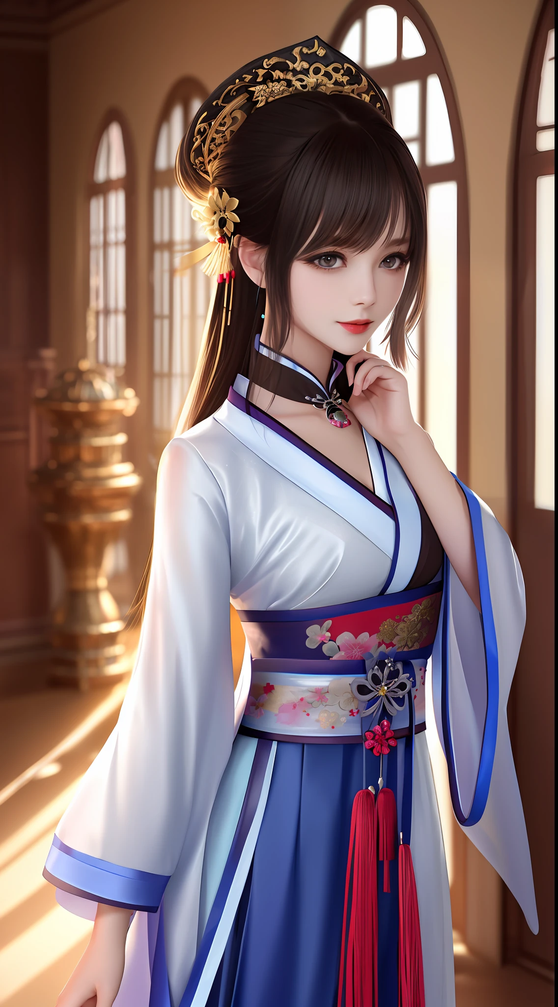 Need,tmasterpiece,A high resolution,1girl,cowboy shot，Blushlush,(Seductive smile:0.8),starpupil,Chinese Hanfu,hair adornments,choker necklace,jewelry,beautfully face,on_body,dingdall effect,realisticlying,Shadow Room,light edge,Two-tone lighting，（highdetailskin：1.2），8k uhd，Slr，softlighting，high high quality，Volumetriclighting，sneak shot，photore，A high resolution，4k，8k，Background bokeh