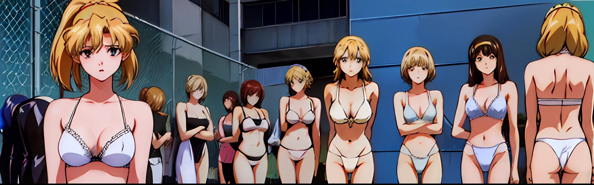 ((Thousands of, crowd of)), 100+girls, only girls, identical sisters, clones, doppelgangers, masterpiece, best quality, extremely detailed 8K wallpaper, skin tight, ultra detailed, volumetric lighting, best anatomy, detailed eyes, beautiful eyes, best shadow, retro artstyle, 1990s (style), anime screencap , screencap, beach, sand, palm trees, town in the background, blonde girls, yellow hair, long hair, blue eyes, (white lingerie, only lingerie, matching lingerie, uniform lingerie), crowd shot, ponytail, crowded, standing in formation, in neat rows, shoulder to shoulder, looking at viewer, facility, indoors