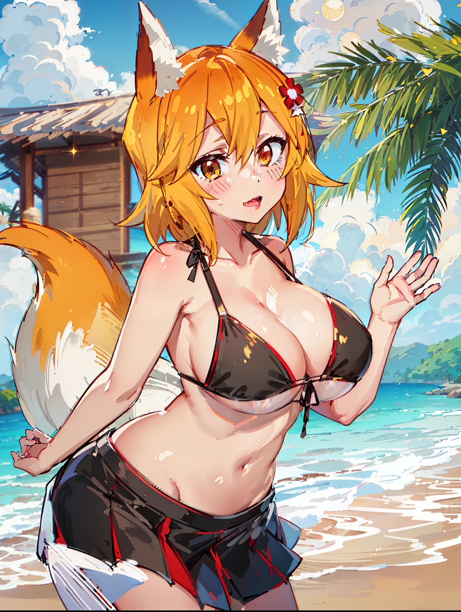 Make a character artwork, senko-san, umbigo exposto, barriga exposta, seios muito grandes, na praia, wearing a black bra, coxas macias.