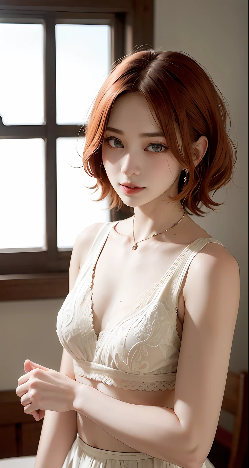8k, RAW Photography, portlate, Turned、Kamimei、short-hair、top-quality, 超A high resolution、鎖骨、onepiece、Braids、window、Photorealsitic, 1人, full bodyesbian, redhair, Green eyes、piercings, a smile, eye lashes, 电影灯光, depth of fields, lensflare