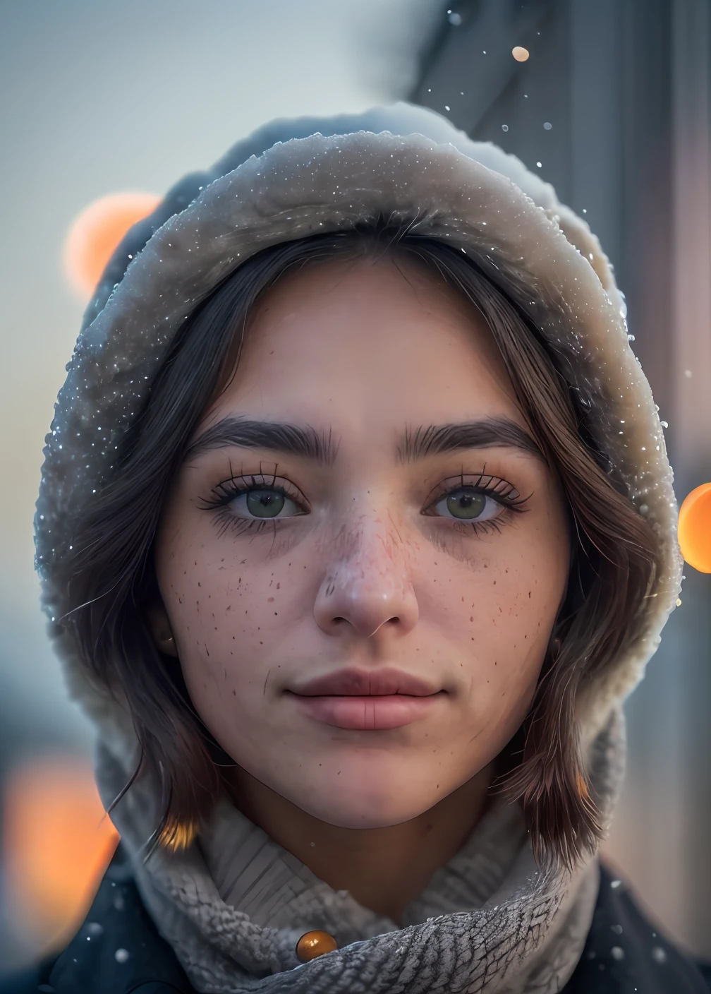 close up face portrait, detailed of Gio Scotti, epic (photo, sony a7, 50 mm, matte skin, pores, colors, hyperdetailed, hyper-realistic), (she is standing outside durign the winter, snowy, festive lights far off in the distance, beautiful sunset, grey:1.2)