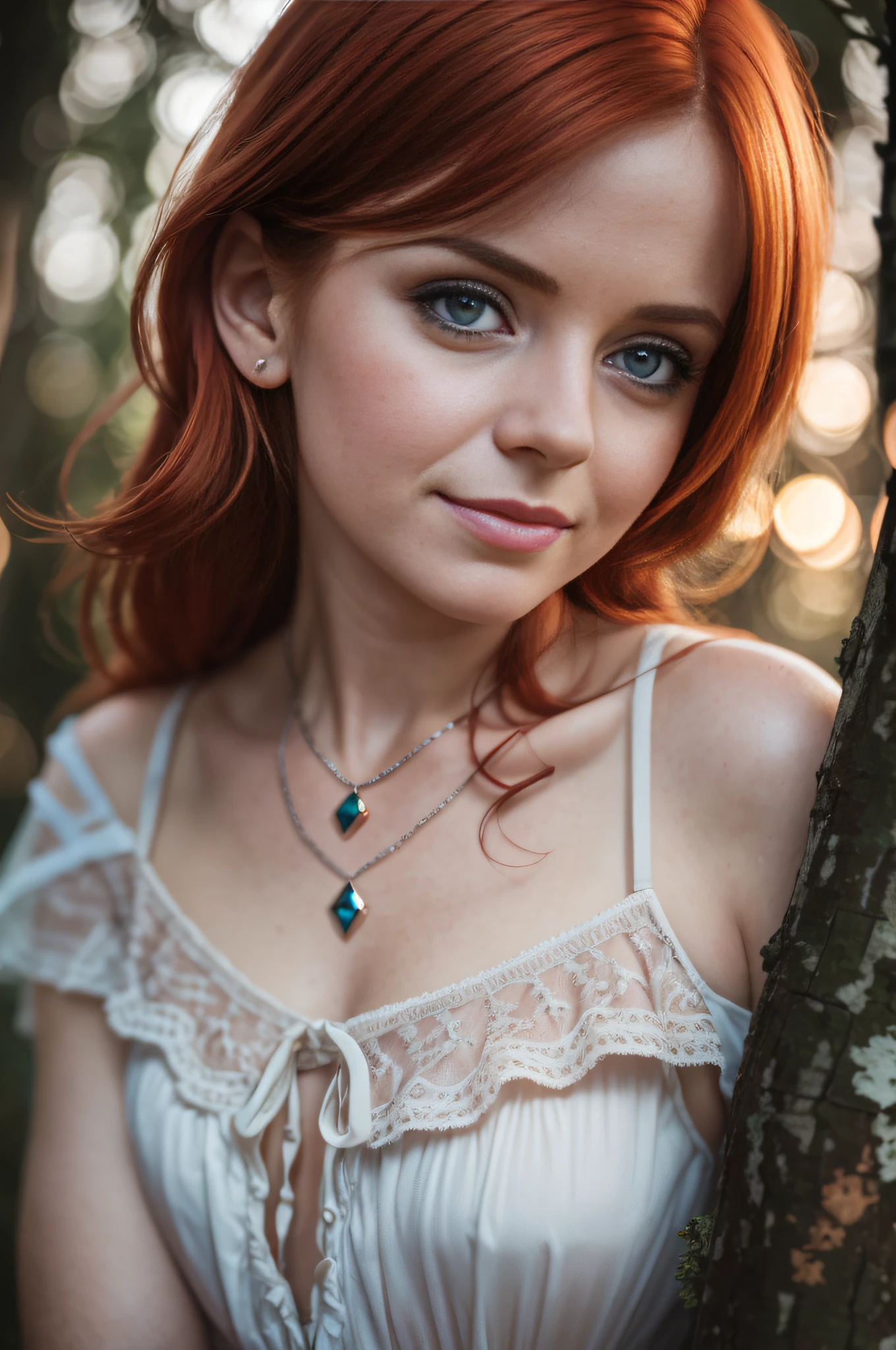 (32k, RAW photo, cinematic rendering) depth of field, bokeh, 32K, HDR, cinematic rendering, a portrait of a 36-year-old redhead, dressed in a torn nightie, fallen suspenders, peeled off, leaning against a tree in the wilderness, goosebumps, cinematic, faded colors, dark shot, muted colors, grainy film, lut, crazy details, intricate details, hyperdetailed, sunset, shyness, seduction, romanticism, looks at the camera lens lovingly, no visible hand