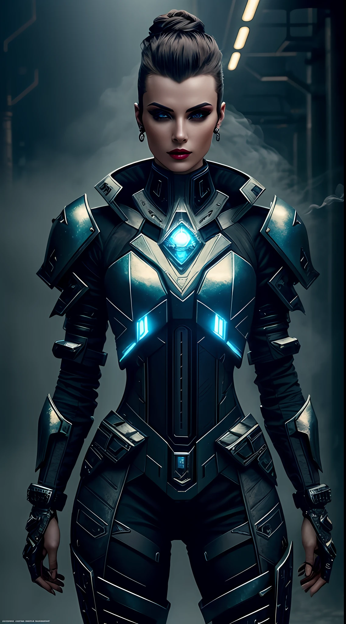 Style-RustMagic in Beauty Robot Warrior, Cyberpunk Enhanced, Cybersoftware, Cyberg, Carbon Fiber, Chrome, Implants, Metal Skull, Cyberplate Armor, (Dark Atmosphere: 1.2), (Fog and Smoke), (Night: 1.3), Scar, (Dark Medium Length Unkempt Hair: 1.1), (Eyeshadow: 1.1), (Fine and Detailed Glow: 1.2), (Cinematic Lighting), Intricate Details, High Resolution, Round Eyes, Detailed Facial Features, Sharp Focus , smooth, aesthetic, detailed dark industrial factory background, fashion pose, dynamic pose, (dramapaint), (opt-6000:0.9)