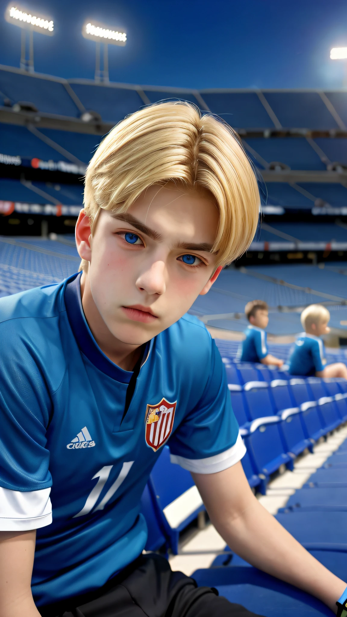 boy in blue jersey sitting in a stadium, blonde boy, dark eyes, cool boy, focus face, 12 year old boy