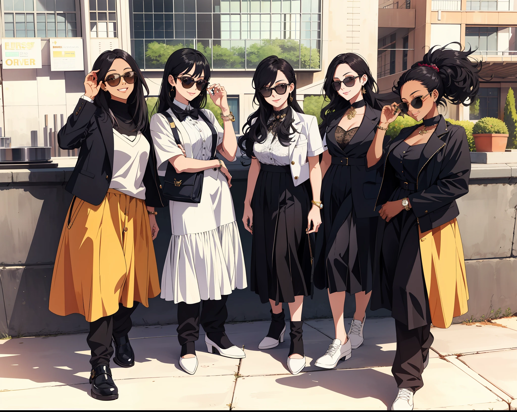 masterpiece, best quality, highres, 5 girls, wearing fancy sunglasses, classy outfits, detailed faces, detailed hair, black hair, stylish, modern, smiling, anime style, highly detailed, full body, sunny day