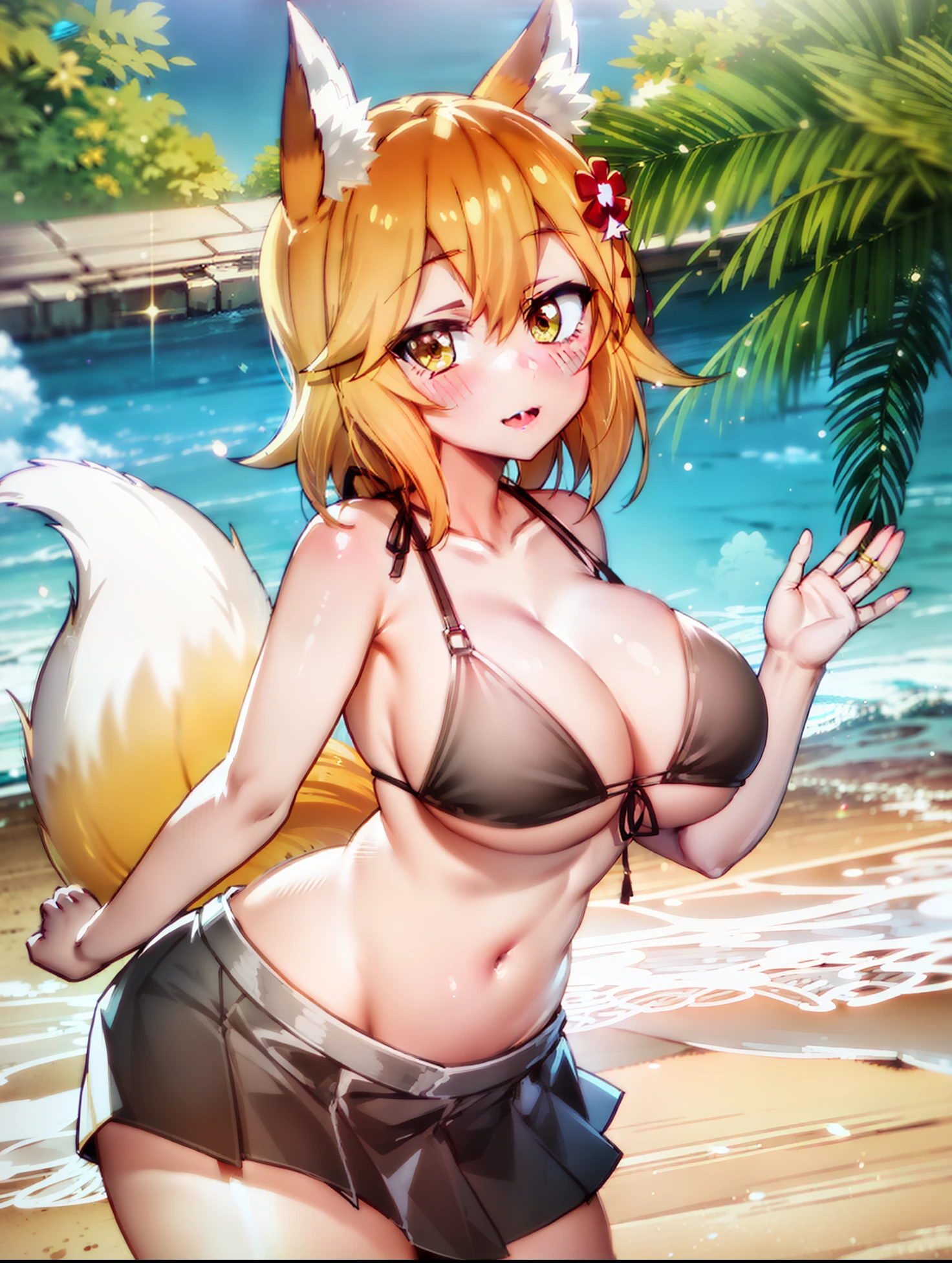 Create character artwork, Senko-san, umbigo exposto, barriga exposta, seios muito grandes, na praia, wearing a black bra, coxas macias.