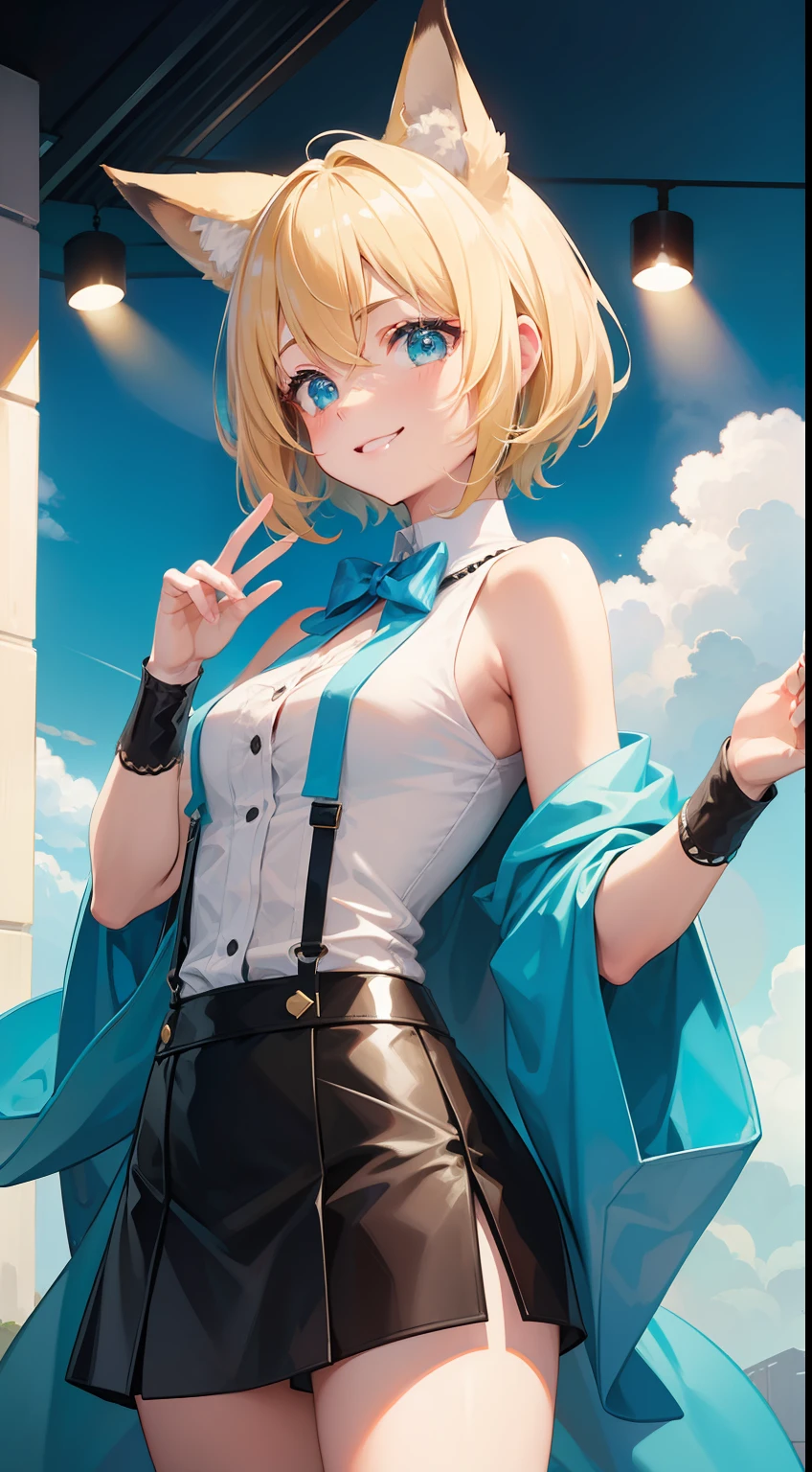 Young guy, short blonde hair, Fox ears, Cyan eyes, pop-idol, ssmile, Masterpiece, hiquality