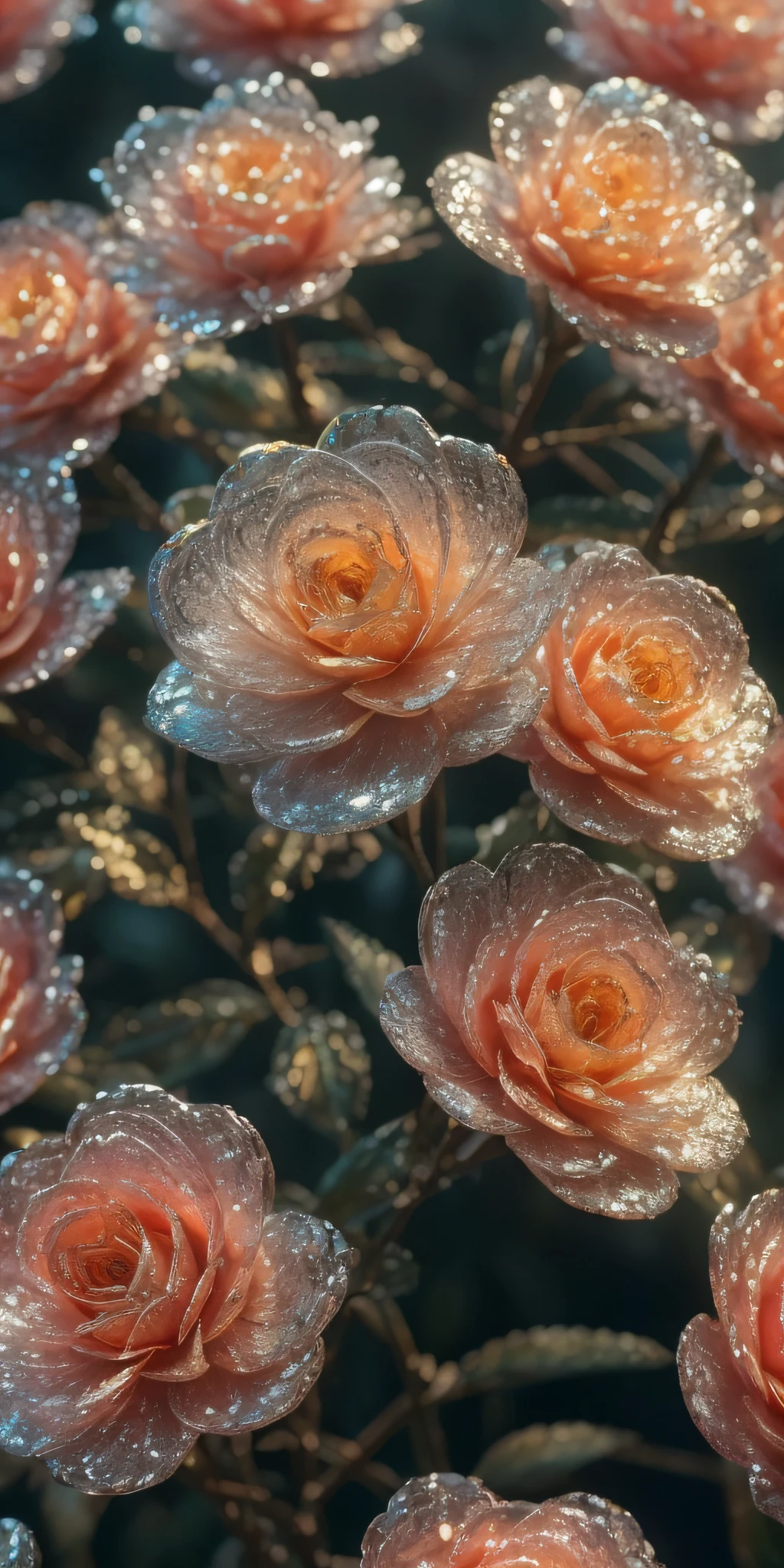 Crystal flowers，crystal blossom flower，delicated，depth of fields，glittery，fanciful，cleanness，16k，Brilliant and colorful，Colorful，There are no characters，Don't be characterized