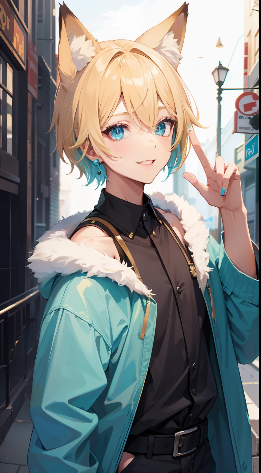 Young guy, short blonde hair, Fox ears, Cyan eyes, pop-idol, ssmile, Masterpiece, hiquality