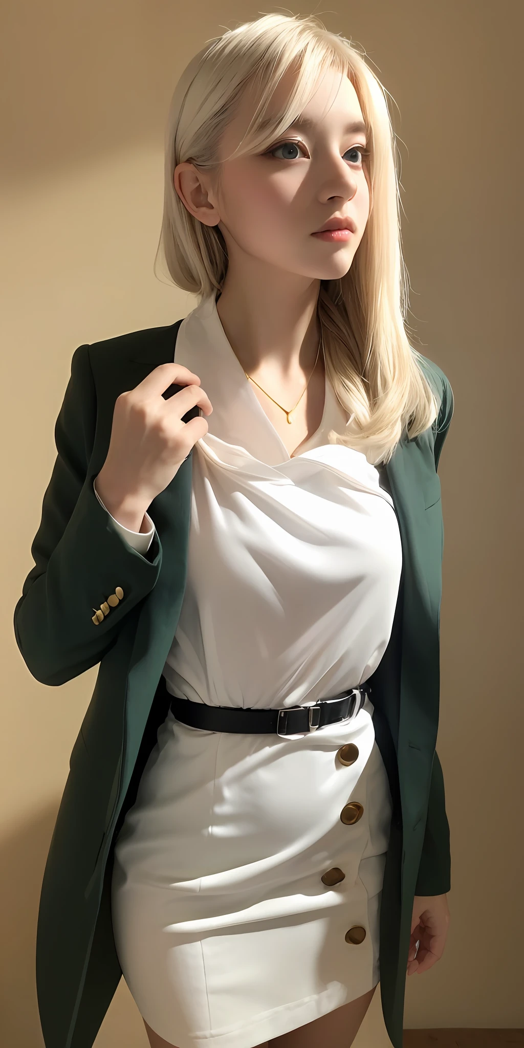 1woman, Solo, Portrait of British golden girl in tunic white blazer dress, Gold belt，Tight microdress white, Delicate makeup， Details, Realistic, Photography, The background is blurred out, soft focus，（Medium shot:1.4）brown background，voluptuous figure， {{18to 22 years old German girl}}, look beautiful German girl and blue eyes or green eyes with platinum blonde hair color