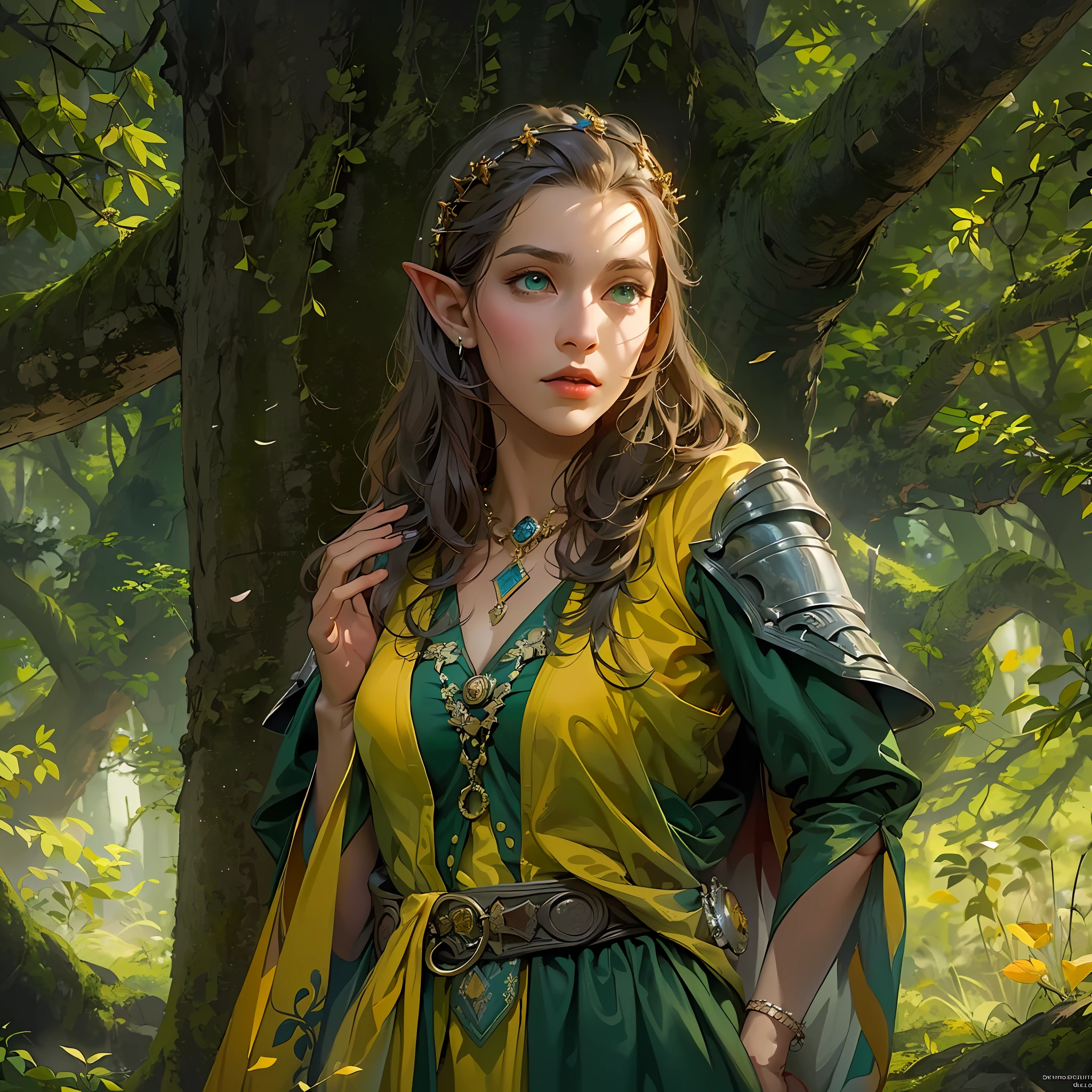 high details, best quality, 8k, [ultra detailed], masterpiece, best quality, (extremely detailed), dynamic angle, ultra wide shot, photorealistic, fantasy art, dnd art, rpg art, realistic art, an ultra wide picture of female half elf in druid grove casting a spell, yellow magical light(intense details, Masterpiece, best quality: 1.5), wearing leather armor  (intense details, Masterpiece, best quality: 1.5), green cloak(intense details, Masterpiece, best quality: 1.5), holy symbol, blue light from symbol, dynamic hair, intense eyes, small pointed ears, slightly pointed ears, green eyes, D&D female half elf (intense details, Masterpiece, best quality: 1.5), fantasy druid grove, water fall, rich forest life, rich forest animals, soft sun light, silhouettes, forest trees in the background, celestial background, ((divine worship atmosphere)), high details, best quality, highres, ultra wide angle