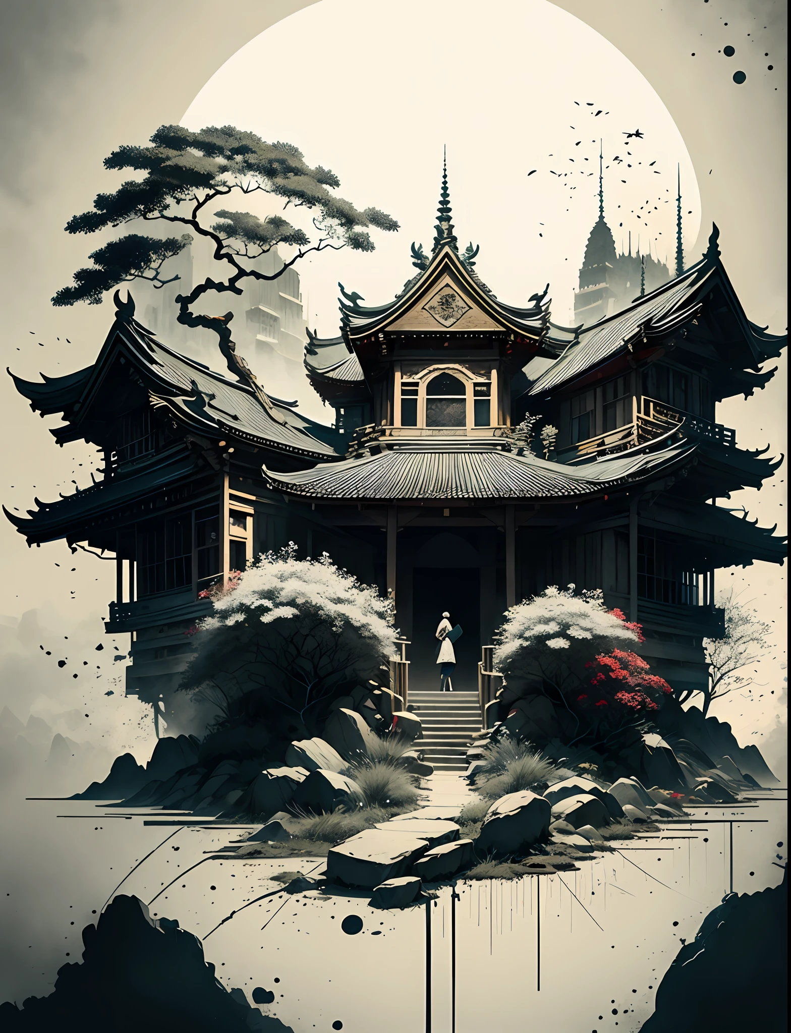 Absurd, high resolution, ultra-detailed, (1 girl:1.3), broken, design a beautiful temple scene, intricate architecture, lush gardens, and a sense of peace and spirituality. Broken, creating an image of a destructive demon with terrifying features, dark powers, and a thirst for chaos and destruction. Broken, designed with a fisheye effect image that captures a wide field of view with a unique curved viewing angle. Break to create rooftop views in urban environments with panoramic cityscapes, dramatic skylines, and a sense of elevation. Break , illustrating the tender moments between parents and children, capturing their bonds, love, and connection. Broken, using pointillism to illustrate images, carefully placed tiny dots of color to create a cohesive and visually stunning whole.