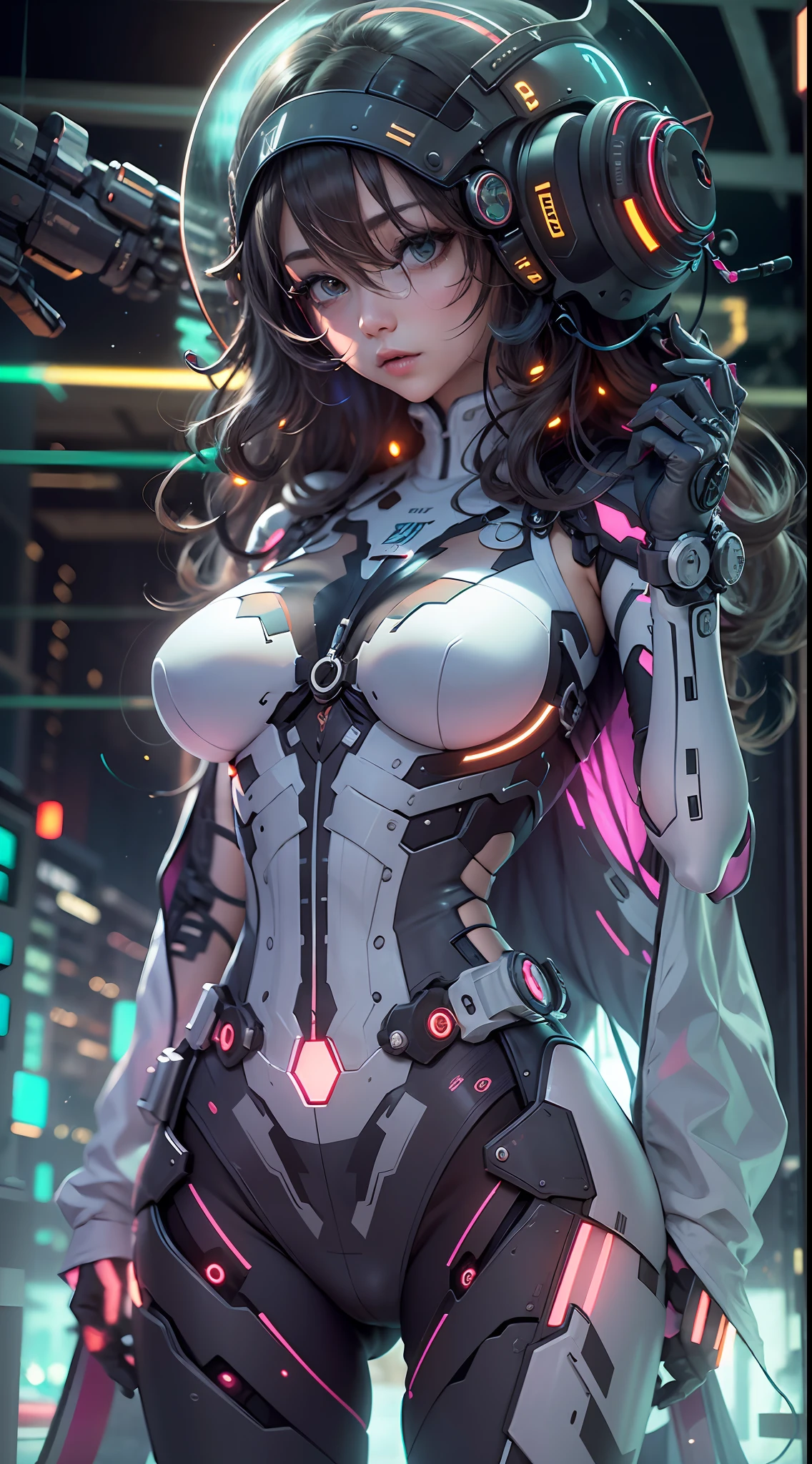 absurderes， A high resolution， Reflectors， refractions：1.4， Hyper-detailing：1.4， （realisticlying：1.4， 超A high resolution， RAW photos）， [[Bokeh， blur backgroun]] Break（cyber punk perssonage：1.4），（（A cyborg wearing a web helmet head））， 独奏，（ full bodyesbian：1.2）， （Rainbow white body：1.6）， （（Mechanical limb））， character focus：1.2 Breaking science fiction， Cinematic light， In the ruins of dark decay， （（ultra-wide-angle：1.2））， Dutch angle， shooting from below：1.6 BREAK，[neonlight，Vibrant glow，Dynamic colors，Striking contrast，futuristic vibe，electric energy，reflective surface]