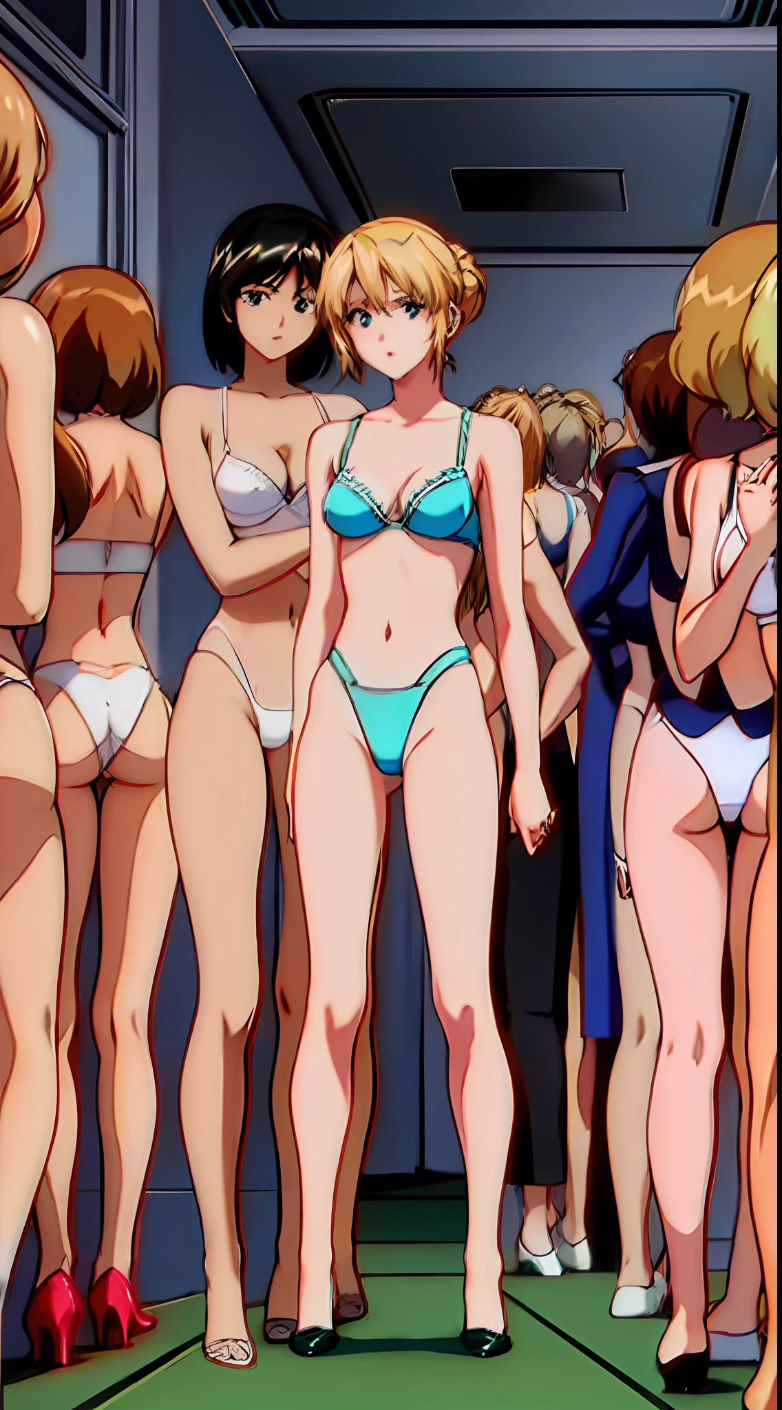 ((Thousands of, crowd of)), 100+girls, only girls, identical sisters, clones, doppelgangers, masterpiece, best quality, extremely detailed 8K wallpaper, skin tight, ultra detailed, volumetric lighting, best anatomy, detailed eyes, beautiful eyes, best shadow, retro artstyle, 1990s (style), anime screencap , screencap, beach, sand, palm trees, town in the background, blonde girls, yellow hair, long hair, blue eyes, (white lingerie, only lingerie, matching lingerie, uniform lingerie), crowd shot, ponytail, crowded, standing in formation, in neat rows, shoulder to shoulder, looking at viewer, facility, indoors