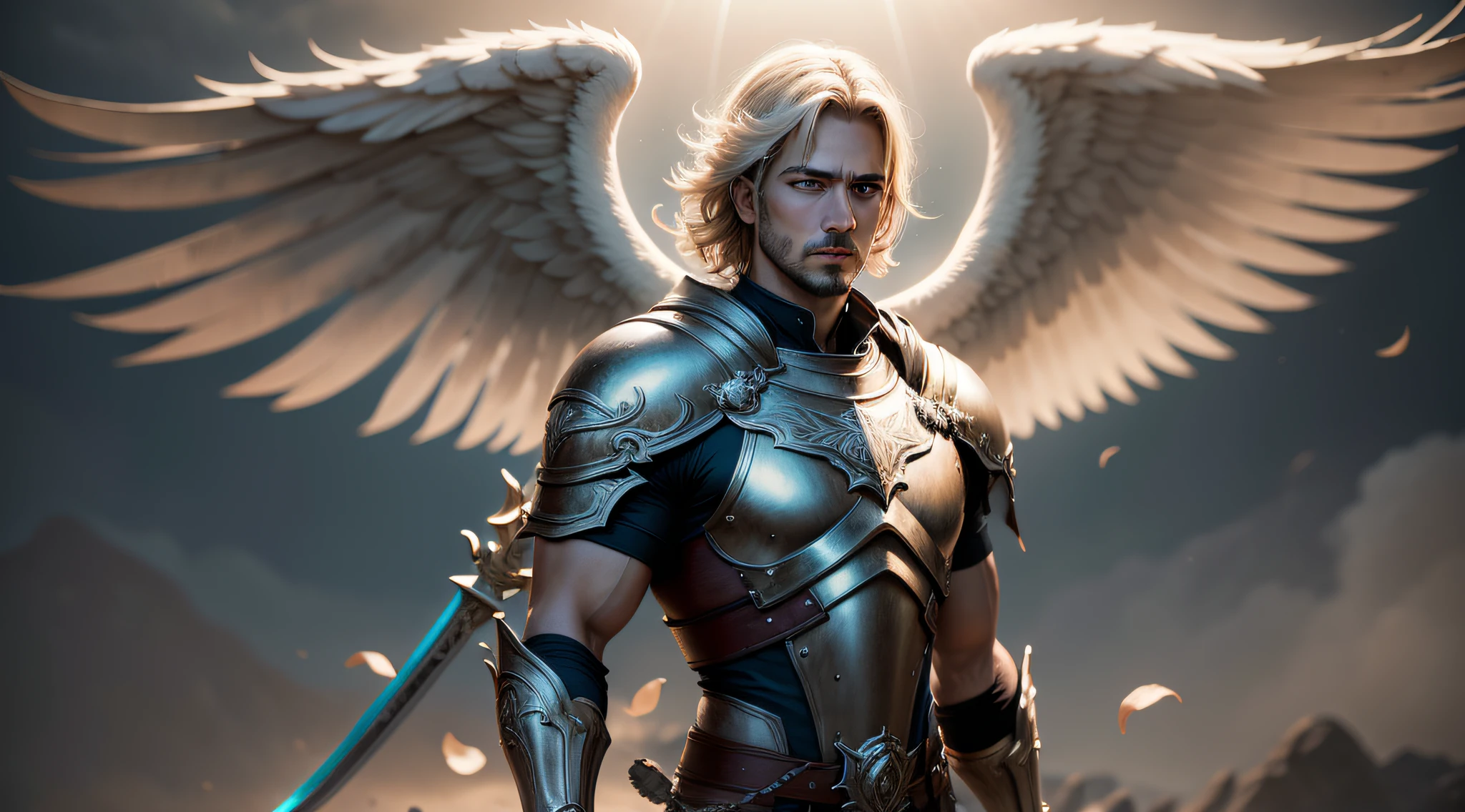 Anjo Miguel olhando para frente com grande poder, espada, super detalhe, detalhes elevados, alta qualidade, melhor qualidade, 16k, detalhes complexos, hiperdetalhados altamente detalhados, realistas, soft Cinematic Light, HDR, foco nítido, ((((cinematic visual)))), intrincado, elegante, altamente detalhado