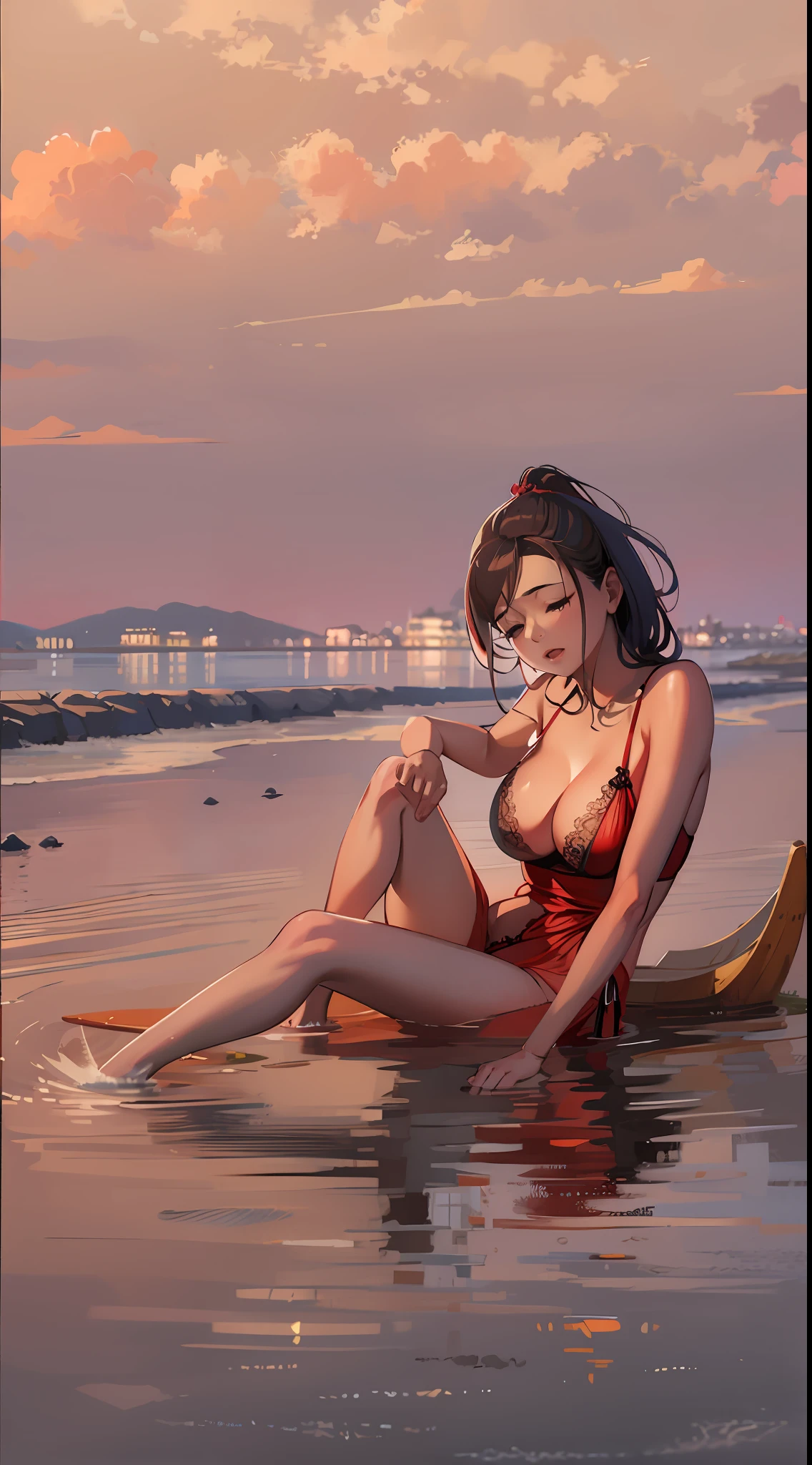 Romantic picture,Plump breasts,Powder powder milk,Light purple tulle,Lace trim,Lightness to fly,Crisp peaks are half-hidden,Deep cleavage,Waterfront view,at dusk at golden hour,Fiery red sunset,Jade legs overlap,Moisturizes skin,Delicate,Zhu's lips opened lightly,Side sleeping beach,Left hand to support the head,Stroke your leg with your right hand,Head lightly tilted to the side,Lazy demeanor,Waiting for a caress