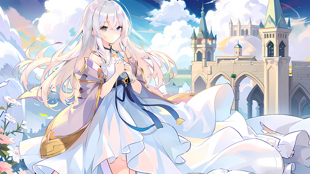 Anime girl standing in front of the castle in a white dress, Digital art on Pixiv, zerochan art, in dress, Splash art anime Loliweiz in Pixiv ArtStation, from touhou, white-haired god, Guviz, cute anime waifu in a nice dress, pixiv contest winner, Guweiz on ArtStation Pixiv