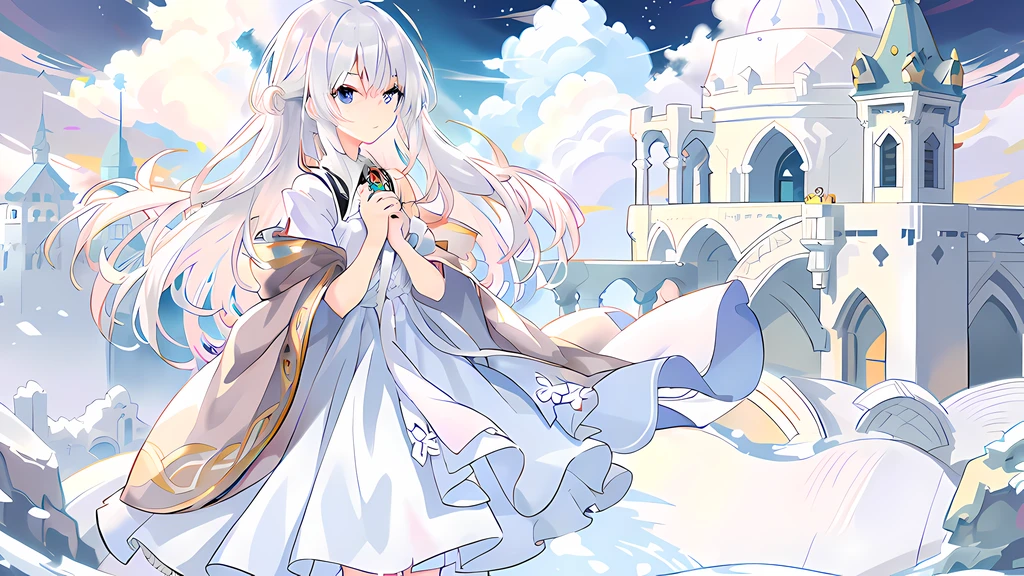 Anime girl standing in front of the castle in a white dress, Digital art on Pixiv, zerochan art, loli in dress, Splash art anime Loli, Guweiz in Pixiv ArtStation, from touhou, white-haired god, Guviz, cute anime waifu in a nice dress, pixiv contest winner, Guweiz on ArtStation Pixiv