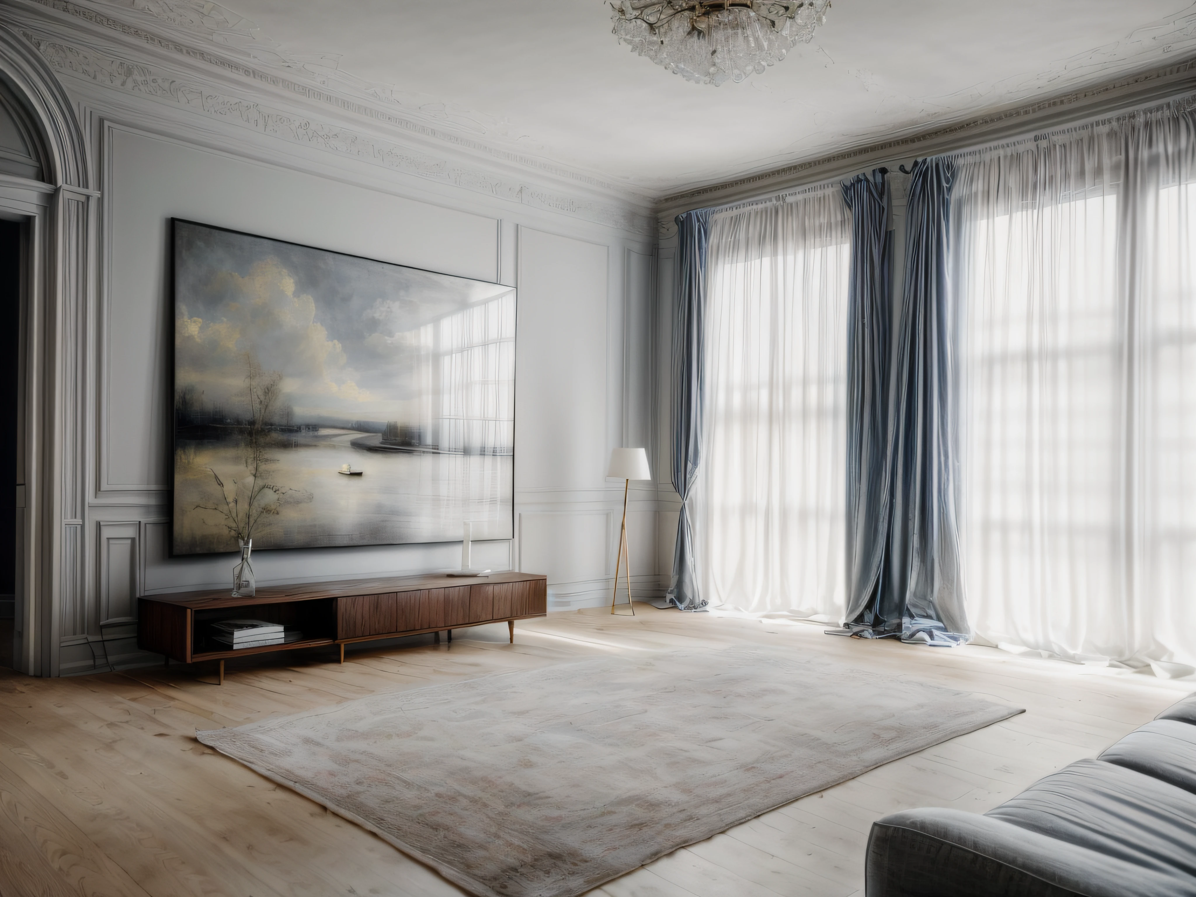 there is a large picture on the wall in the living room, natural light in room, hammershøi, with backdrop of natural light, placed in a large living room, muted colors with minimalism, soft grey and blue natural light, 8k realism, inspired by Willem Claeszoon Heda, inspired by Louis Eilshemius, minimalistic and beautiful