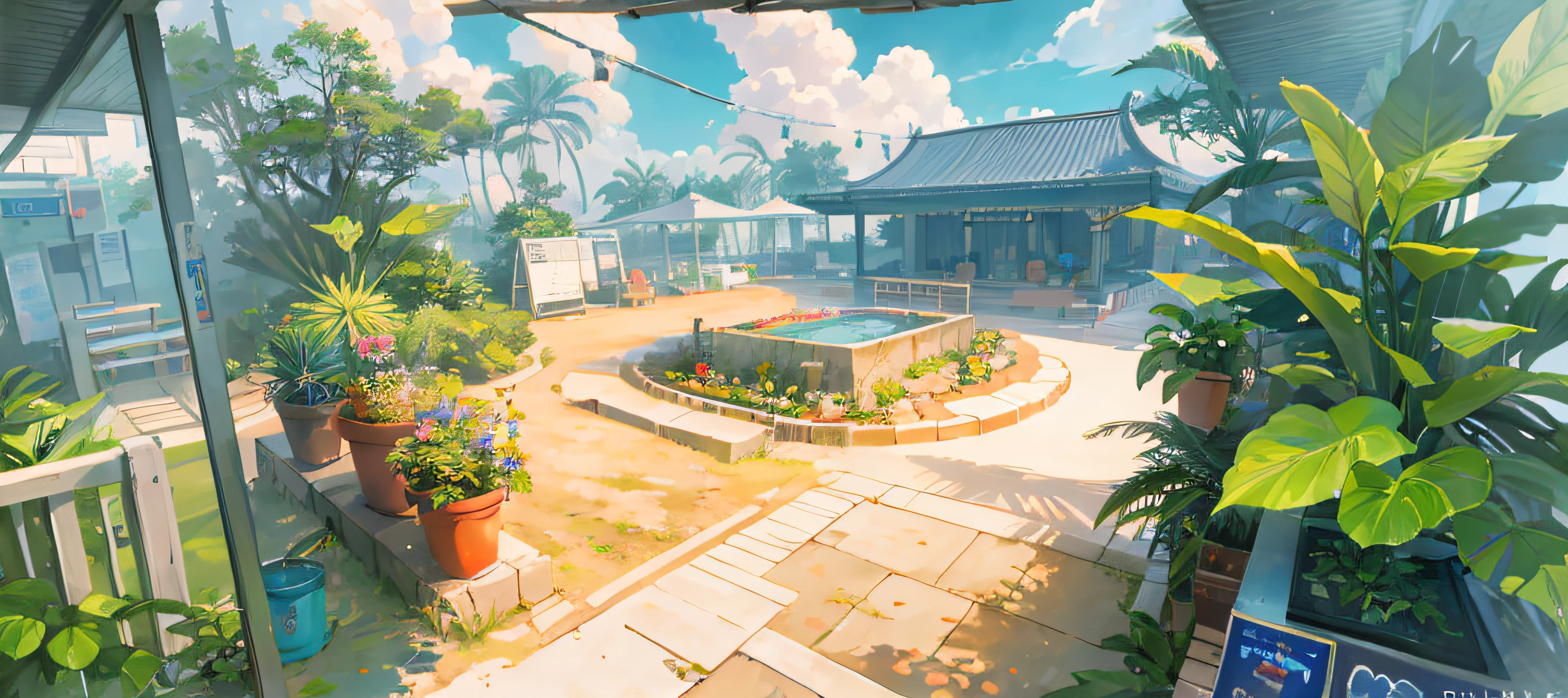 ((best qualtiy)), ((tmasterpiece)), (The is very detailed:1.3),sea island,and the sun was shining brightly,blue-sky,baiyun,Sunset in the distance,Tropical plants,sci-fi building,