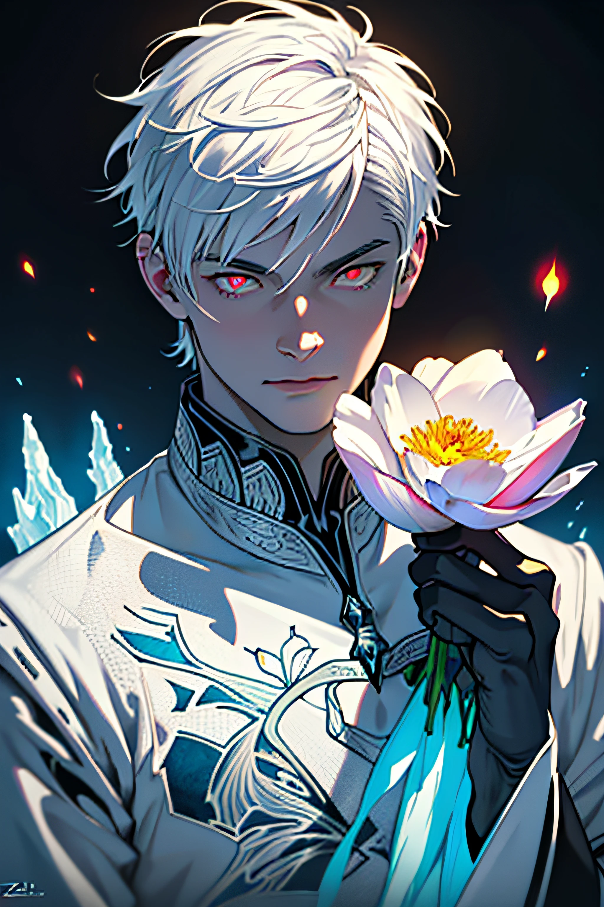 Realistic, (Masterpiece, Top Quality, Best Quality, Official Art, Beauty and Aesthetics: 1.2), Very Detailed, Fractal Art, Colorful, Most Detailed, Zentangle, (Abstract Background: 1.5) (1boy: 1.3), God, White Hair, Short Hair, (Glowing Red Eyes), Mysterious, (Magic), Ice, Handsome Man, ((Other Shore Flower, Garlic)), Yellow Spring, Hell, Soul Ferryman, Ghost