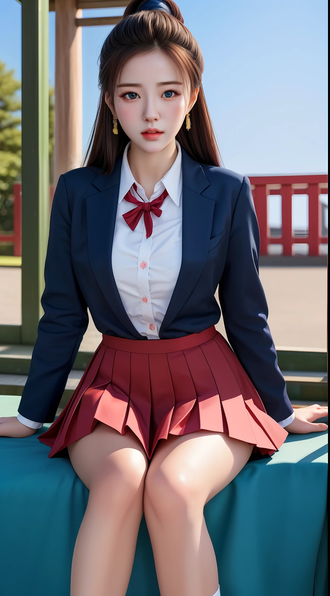 (hyperrealistic), (illustration), (high resolution), (8K), (extremely detailed), (best illustration), (beautiful detailed eyes), (best quality), (ultra-detailed), (masterpiece), (wallpaper), (photorealistic:1.4), (natural light), (rim lighting), (detailed face), high detailed realistic skin texture, anatomically correct, solo, 1 girl, (high detailed realistic long hair:1.25), ponytail contorted, (beautiful Rosy Zhao:1.5), (beautiful cute European girl:1.7), heterochromic eyes, (detailed blue eyes), small moles under the eyes, (big breasts:1.35), (Japan High School uniform:1.4), long legs, tight abs, dynamic pose,