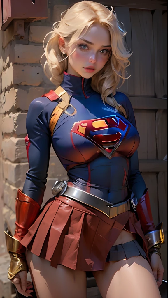 (Best quality, masterpiece, absurdo)),1girl:1.3, solo:1.3,Mulher bonita ,olhos expressivos azuis, mulher linda, cabelo curtos loira, 21 anos, solo, 1girl,corpo ampulheta,huge breasts, corpo definido , vestindo cosplay superman(( bodysuit cosplay de Supergirl, skirt (cintura ate metade da coxa)supergirl, capa vermelha curta supergir)), cores vivas