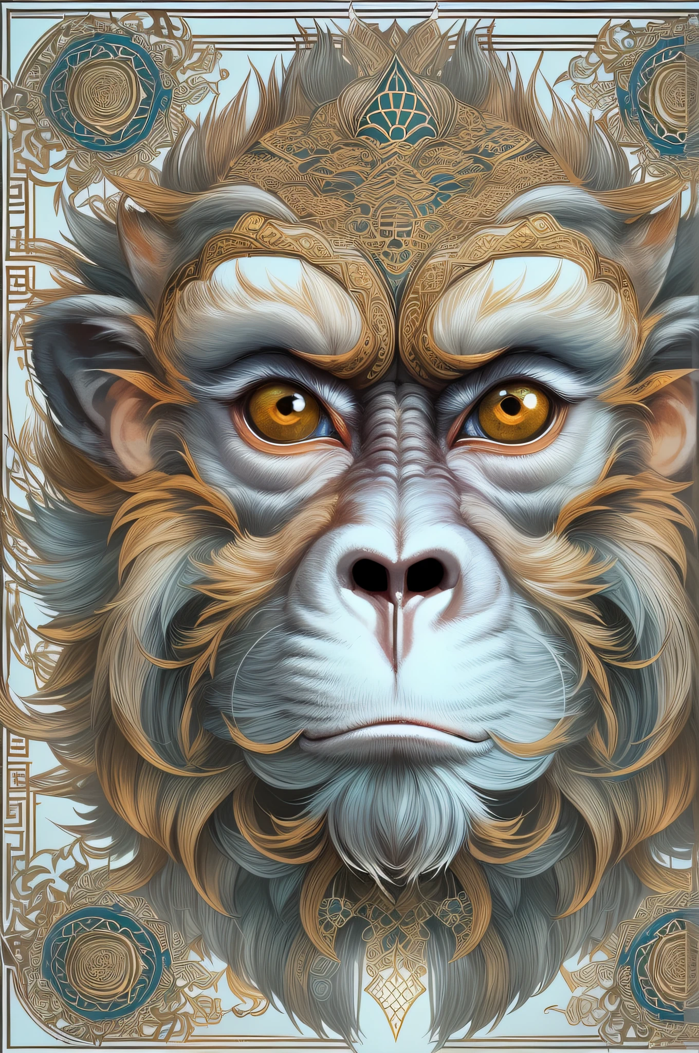 (White background:1.4),(Symmetrical:1.5),(Masterpiece monkey head, Intermediate symmetry,  Oriental elements),（China - chic illustration:1.2, Vector painting:1.4),(Chinese colors,senior color matching),( reasonable design, Clear lines, High sharpness,Best quality, Very detailed, Masterpiece, offcial art, movie light effect, 4K )