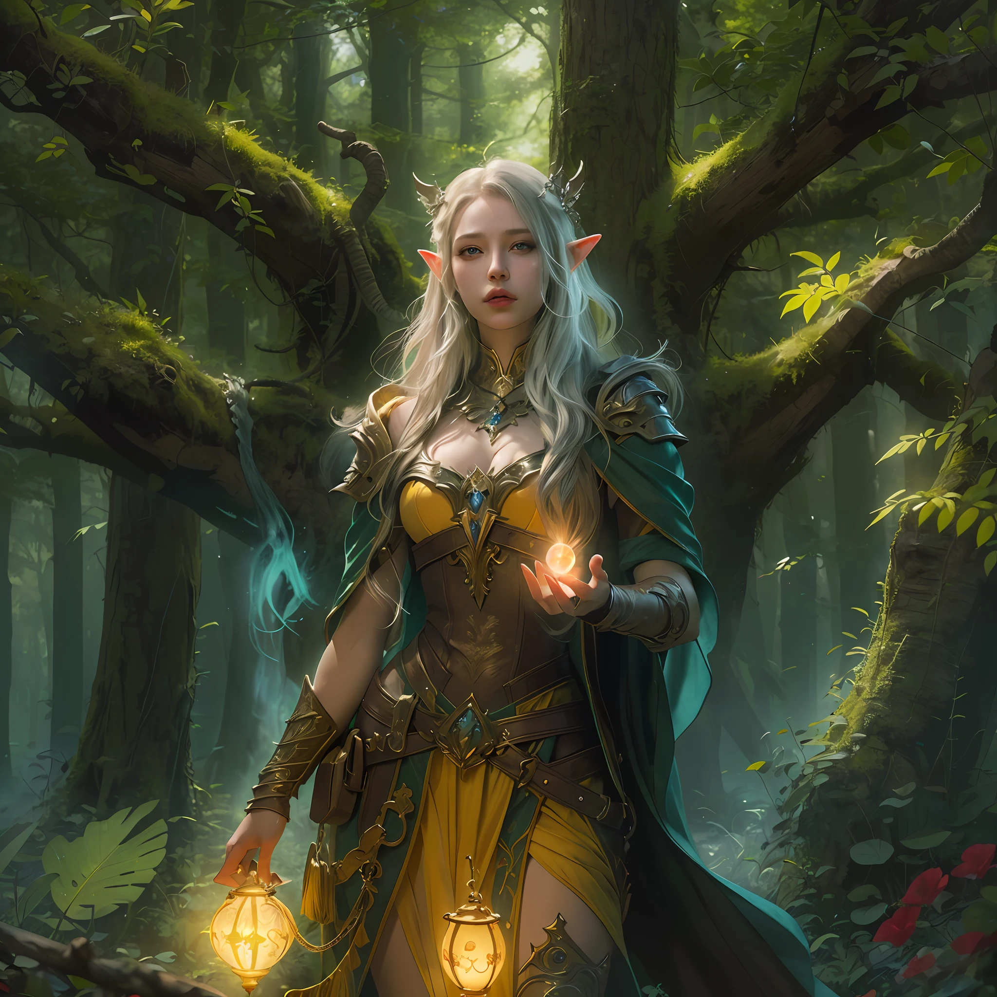 high details, best quality, 8k, [ultra detailed], masterpiece, best quality, (extremely detailed), ultra wide shot, photorealistic, fantasy art, dnd art, rpg art, realistic art, an ultra wide picture of female half elf in druid grove casting a spell, yellow magical light(intense details, Masterpiece, best quality: 1.5), wearing leather armor  (intense details, Masterpiece, best quality: 1.5), green cloak(intense details, Masterpiece, best quality: 1.5), holy symbol, blue light from symbol, dynamic hair, intense eyes, small pointed ears, slightly pointed ears, green eyes, D&D female half elf (intense details, Masterpiece, best quality: 1.5), fantasy druid grove, water fall, rich forest life, rich forest animals, soft sun light, silhouettes, forest trees in the background, celestial background, ((divine worship atmosphere)), high details, best quality, highres, ultra wide angle