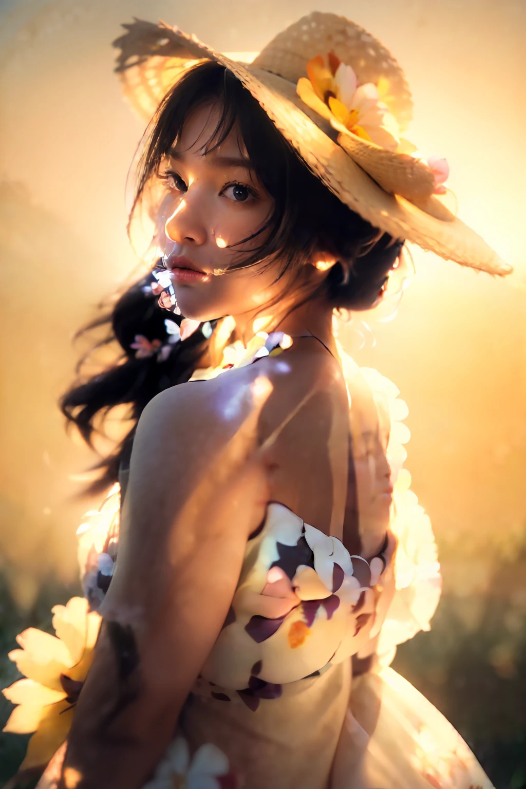 (extreme close up:1.5), (face focus:2),(Style of ???? ???:1.5),
((side face:2)),(1girl surrounded by soft_light:1.5), (backlighting:1.8), (lighting),(flowing fabric:1.3), ((Floral_summer_dress:1.5),(Straw_hat:1.3)),
(masterpiece), realistic, HDR, highly detailed, 8k, raw photo,
ambient occlusion, natural, harmonious composition, warm tones, fine art photography,