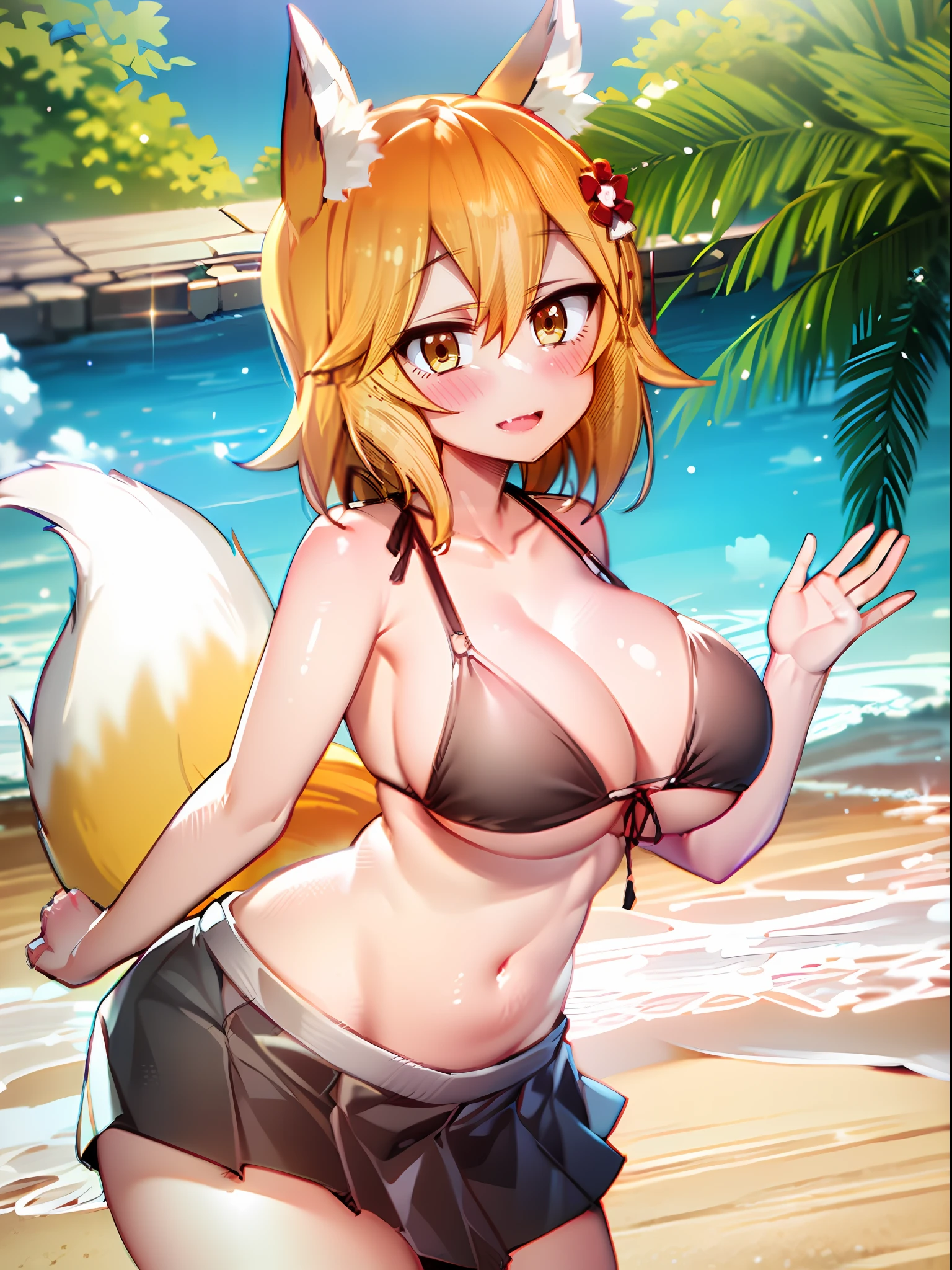 Create character artwork, Senko-san, umbigo exposto, barriga exposta, seios muito grandes, na praia, wearing a black bra, coxas macias.