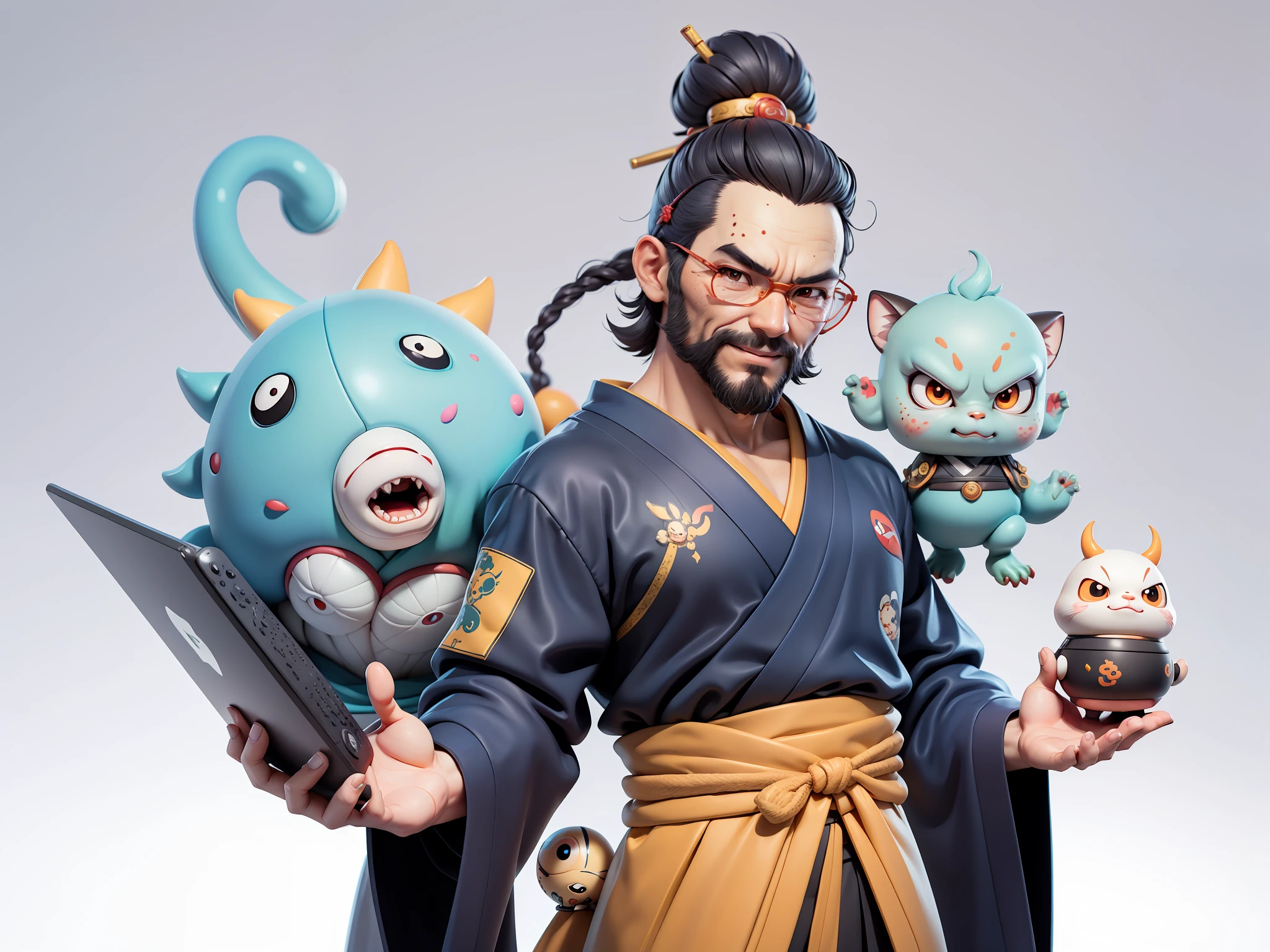 (Daisaku),(Need),(Super meticulous),(full bodyesbian:1.2),Japanese ukiyo-e girl,japanese geisha,Beautiful,Oriental dragon,Aeolian Thor,Raised sexy,爆乳,Oriental face,TV Anchor,Bust portrait illustration,Alone,In black suit,a blue tie,The face is slightly chubby,The face was clean,without a beard,Black super short hair,Black eyes,Smile confidently,3C computer sub-products,iPad, iphone,Digital painting,3D character design by Mark Clairen and Pixar and Hayao Miyazaki and Akira Toriyama,The illustration is a high-definition illustration in 4K resolution,With very detailed facial features and cartoon-style visuals。